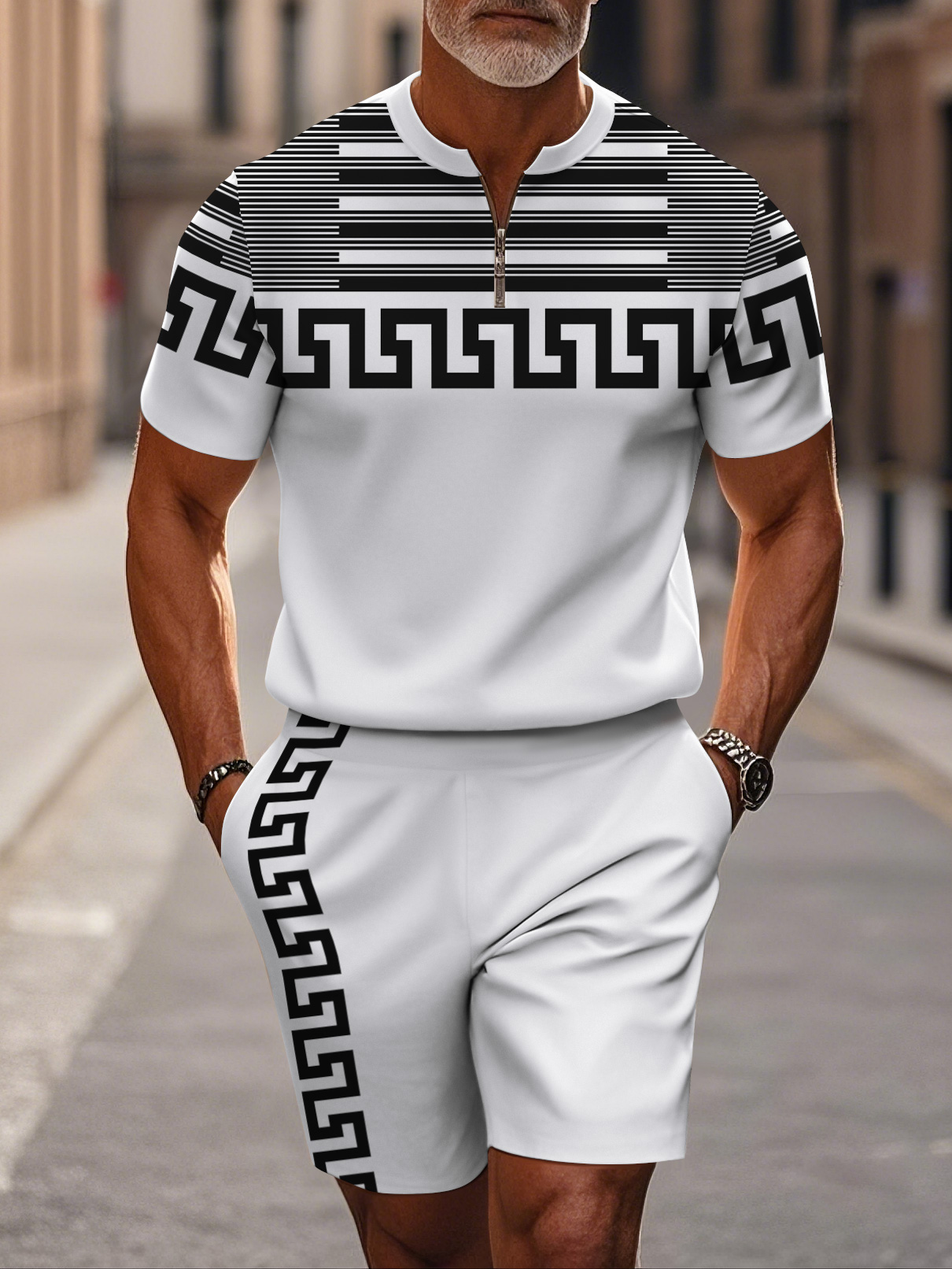 Men's fashion casual round-neck zipper geometric printed short-sleeved two-piece set