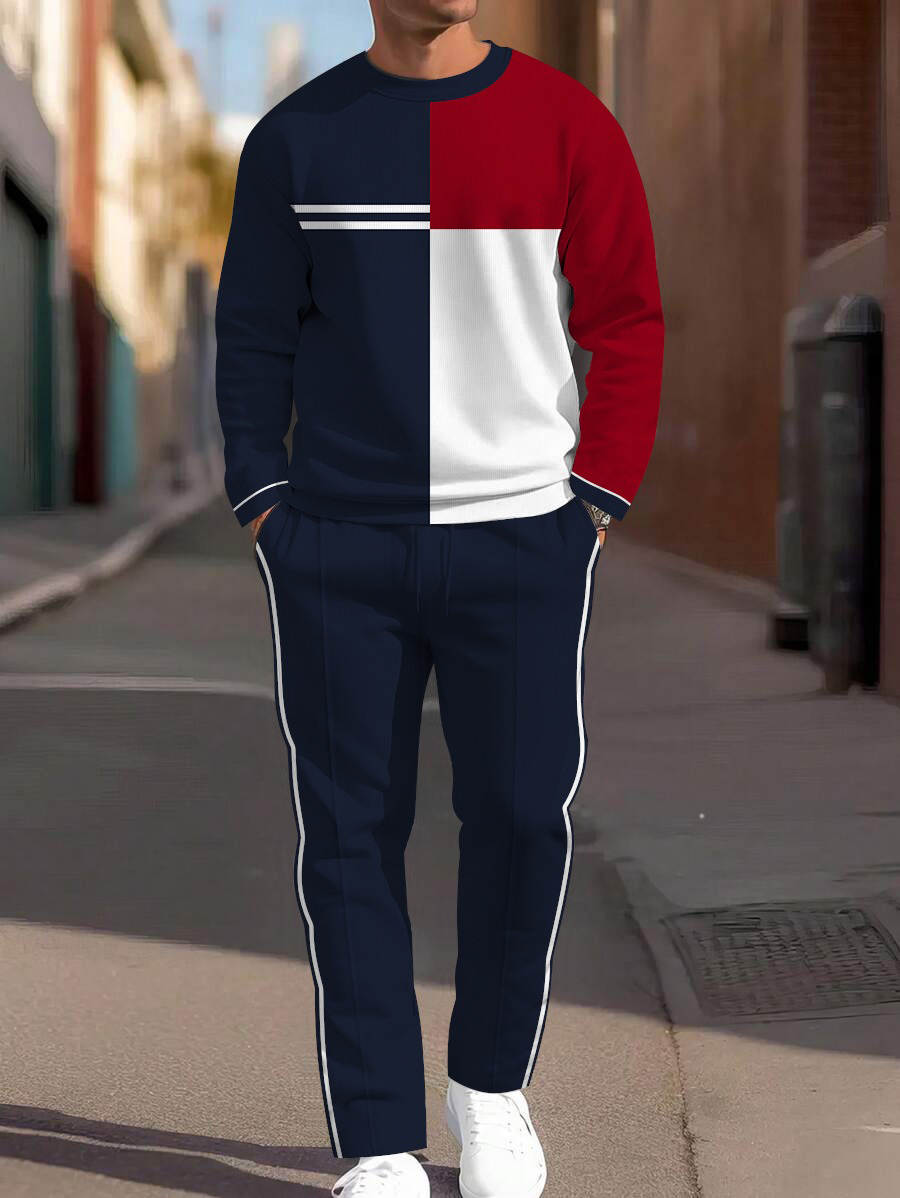 Men's fashion casual geometric printed hoodie two-piece set