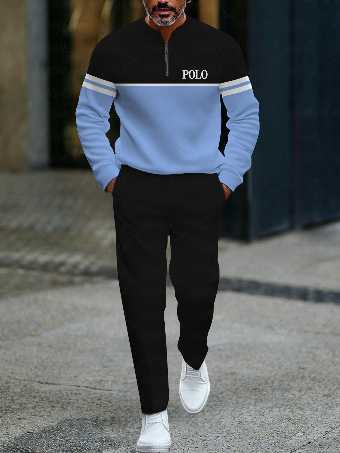 Men's fashionable casual business color-block round-neck zipper long-sleeve two-piece set