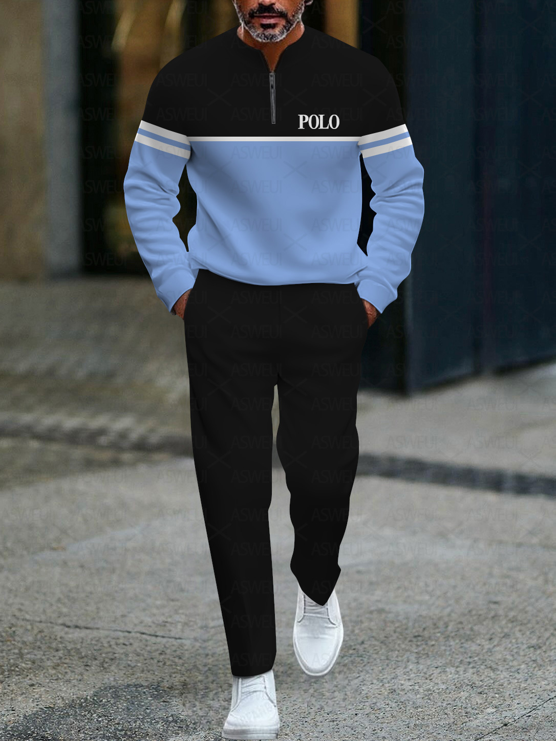 Men's fashionable casual business color-block round-neck zipper long-sleeve two-piece set