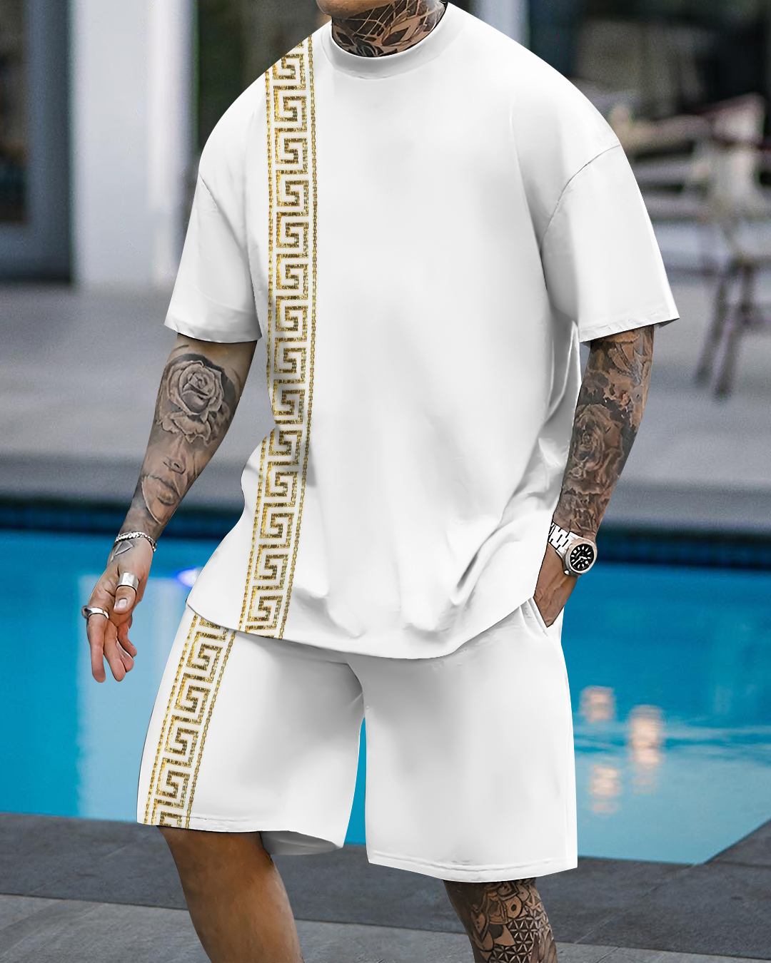 Men's fashion casual color matching printed short-sleeved two-piece se