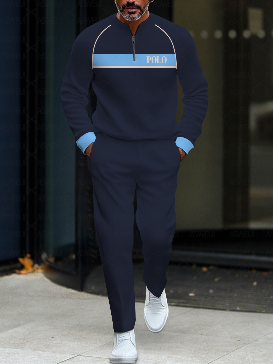 Men's fashion casual geometric print long sleeve zipper two-piece set