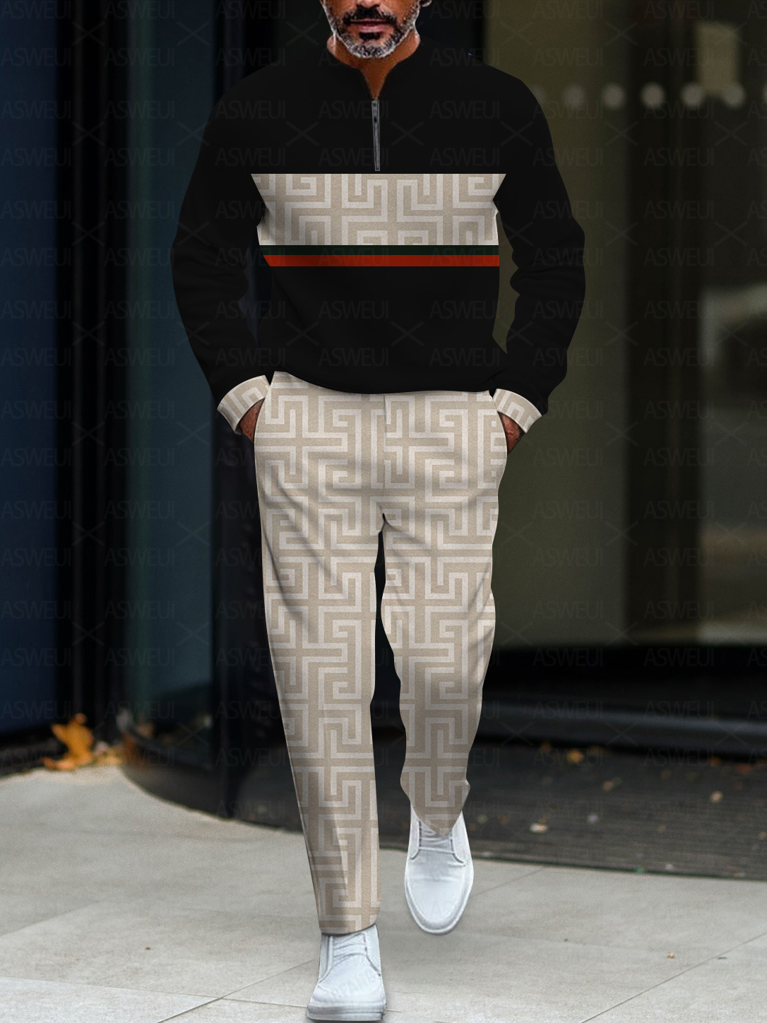 Men's fashion casual geometric print long sleeve zipper two-piece set