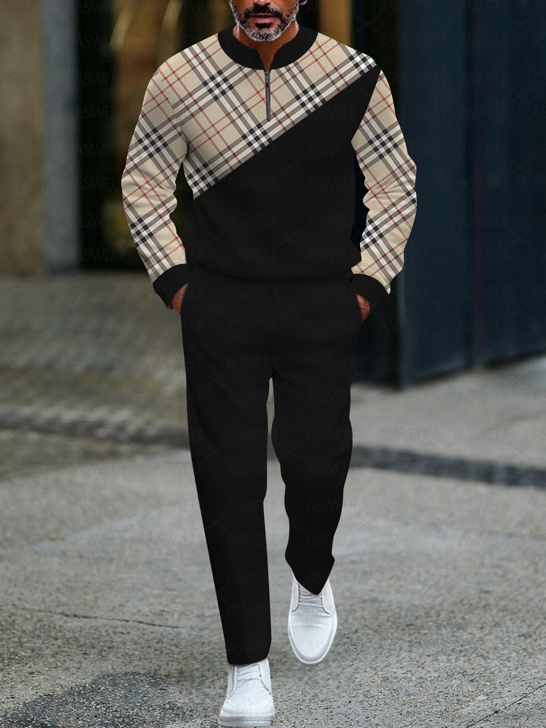 Men's fashionable casual business color-block round-neck zipper long-sleeve two-piece set