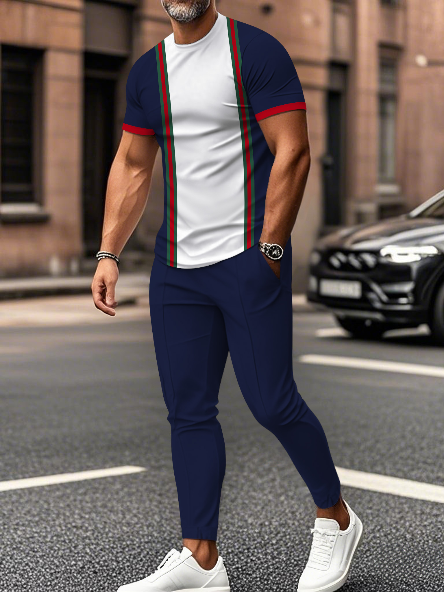 Men's fashion casual color matching striped printed short sleeved trousers two-piece set