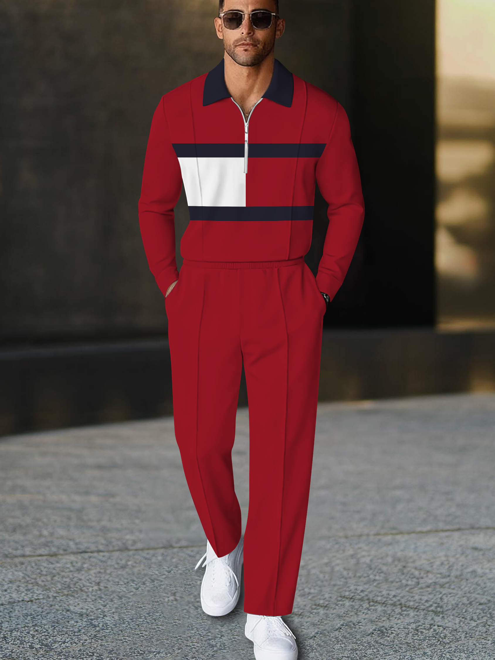 Men's fashion casual geometric print long sleeve zipper polo two-piece