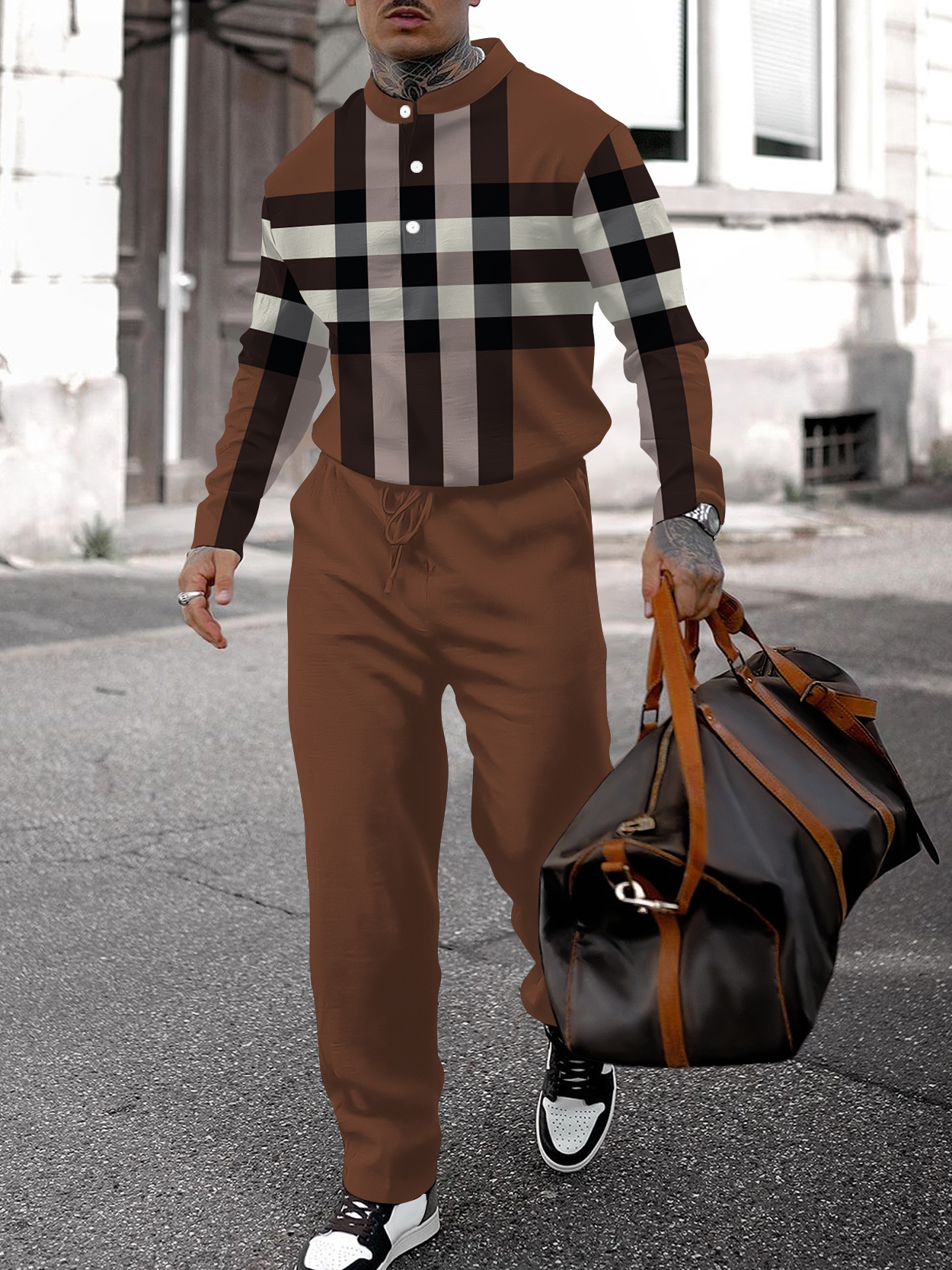 Men's fashion casual geometric print long sleeve two-piece set