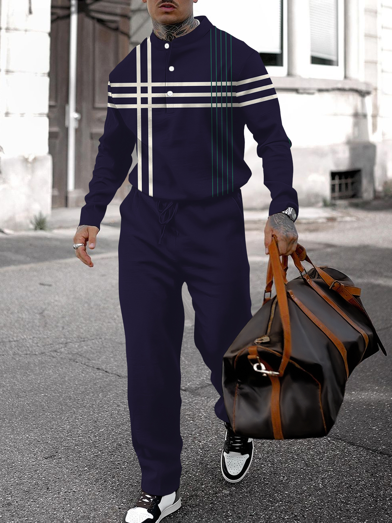 Men's fashion casual geometric print long sleeve two-piece set