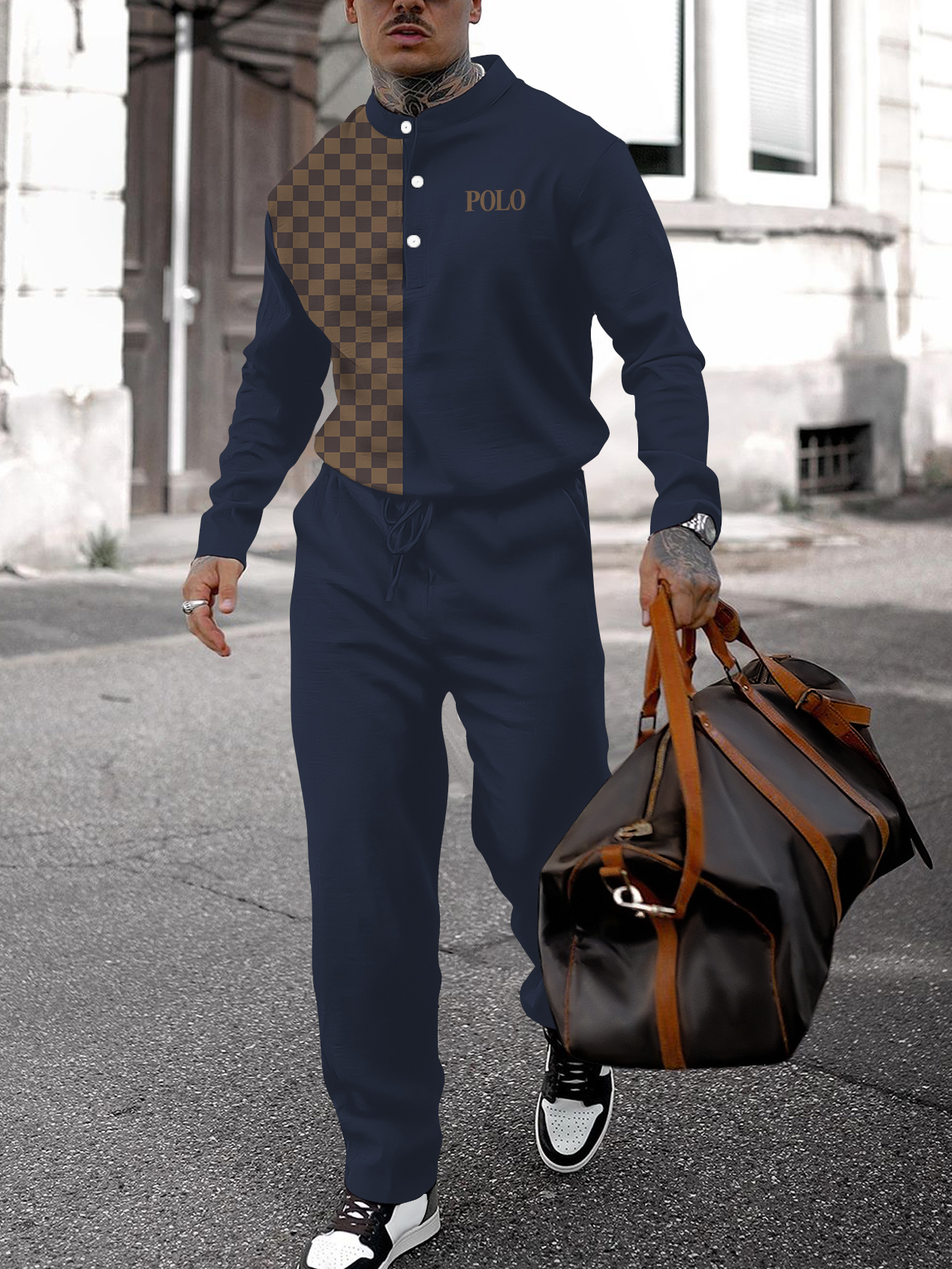 Men's fashion casual geometric print long sleeve two-piece set