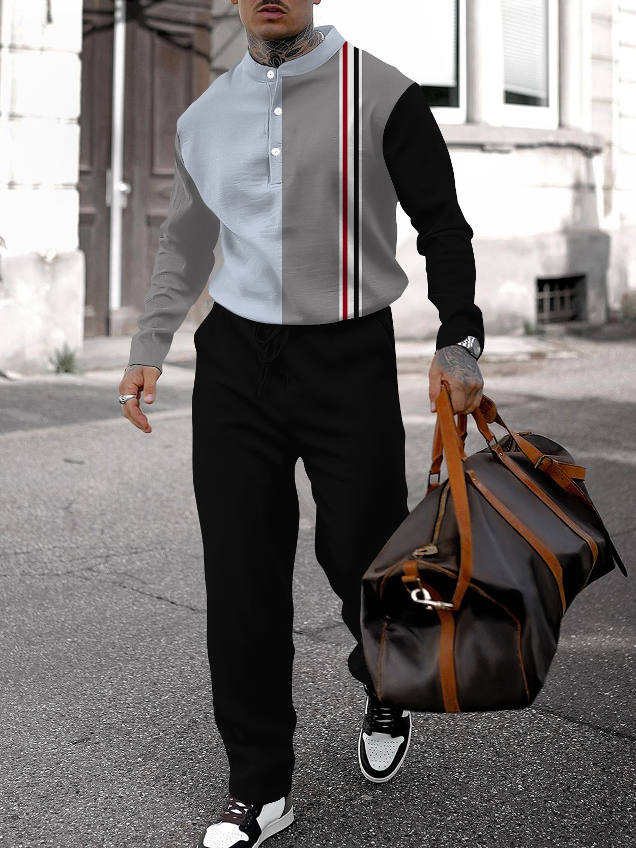 Men's fashion casual geometric print long sleeve two-piece set