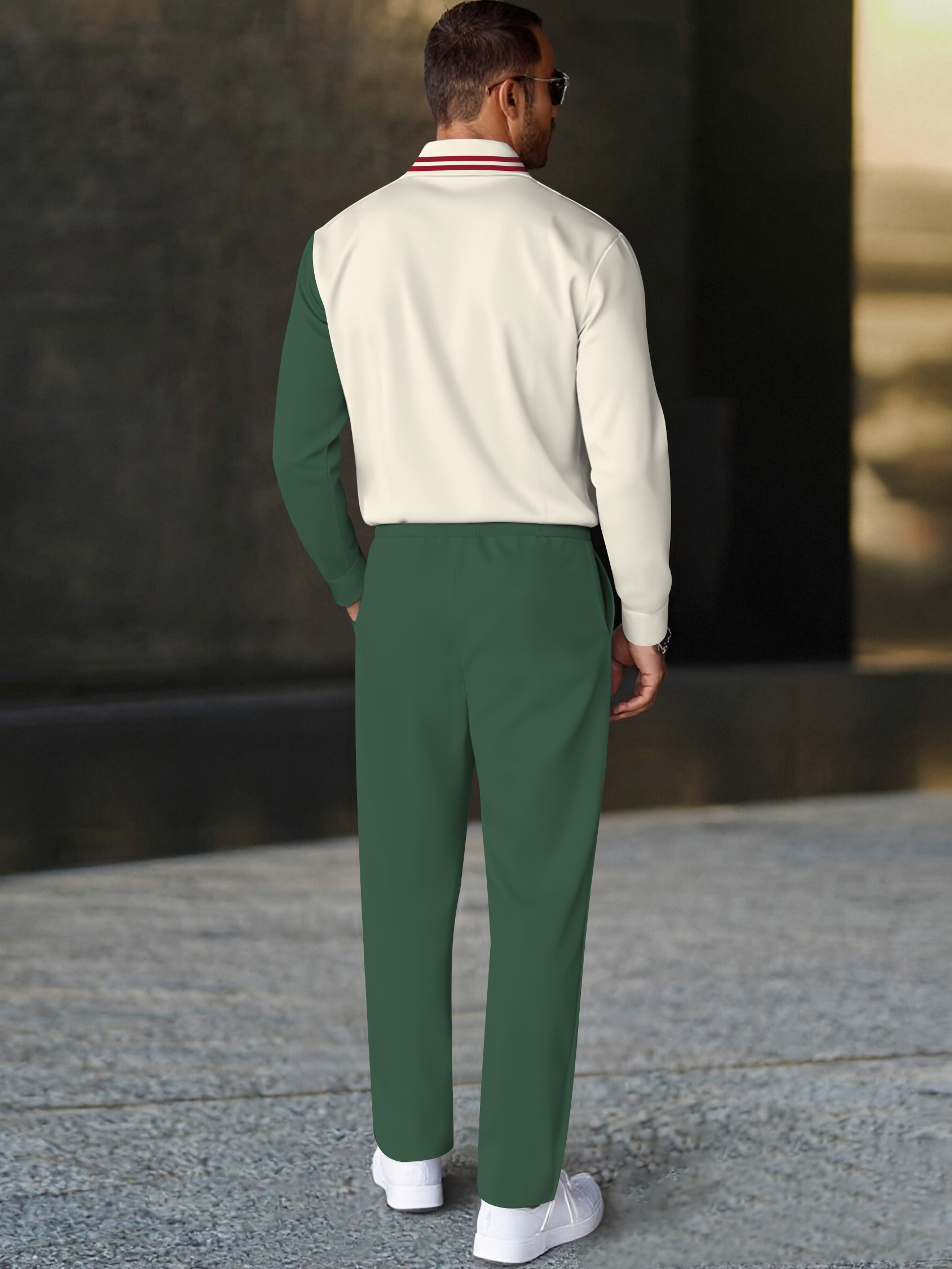 Men's fashion casual geometric print long sleeve zipper polo two-piece set