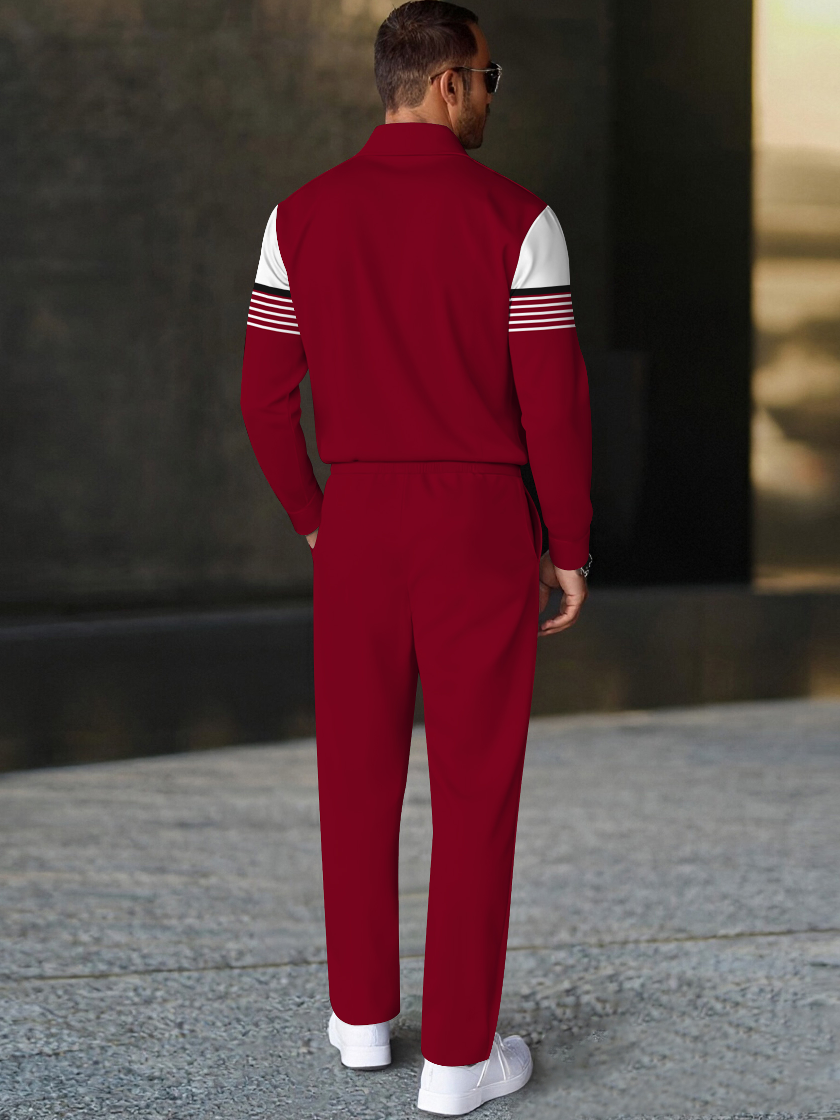 Men's fashion casual geometric print long sleeve zipper polo two-piece set