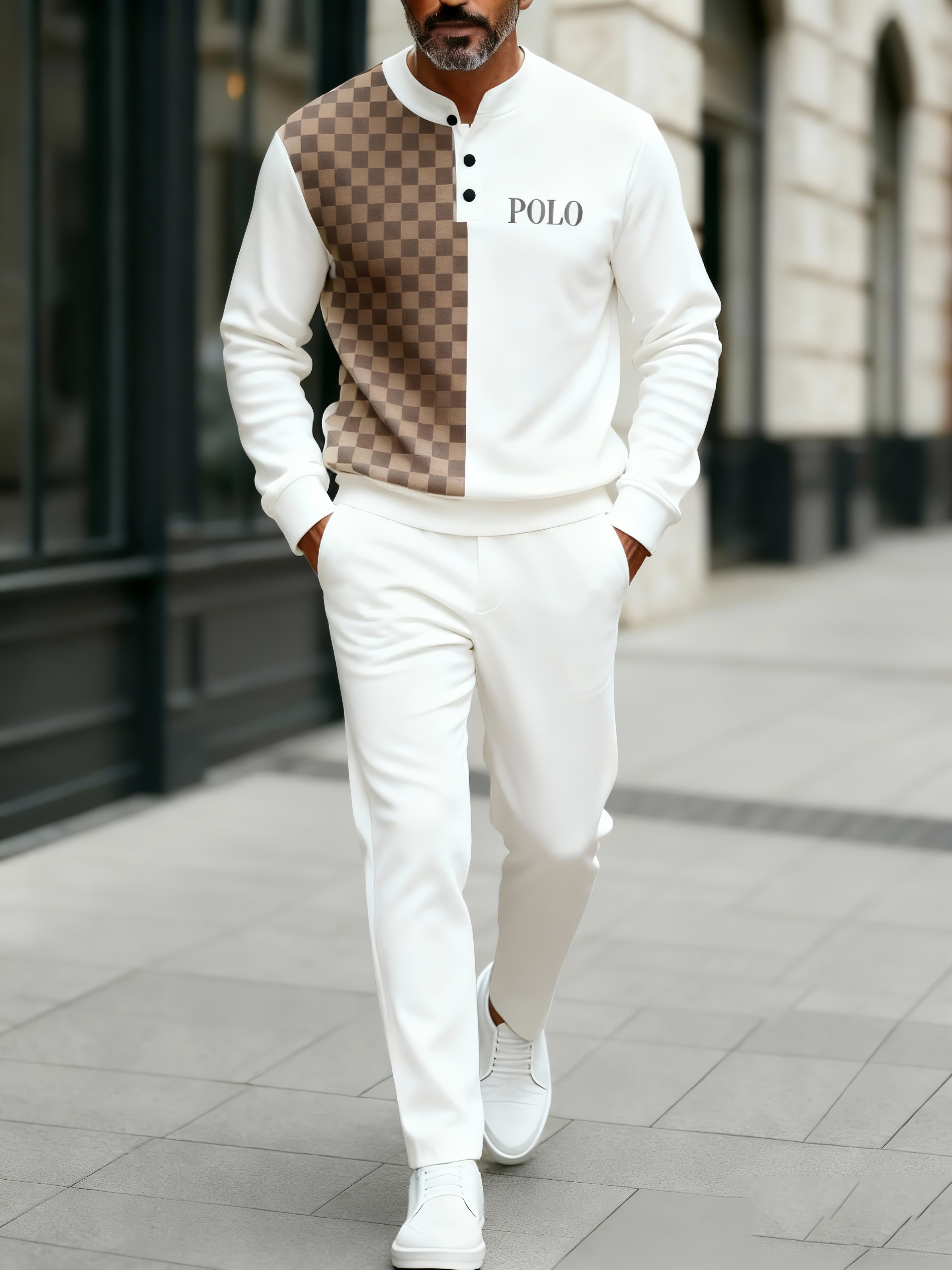 Men's Fashion Casual Geometric Print Long Sleeve Button Design Two-Piece Set