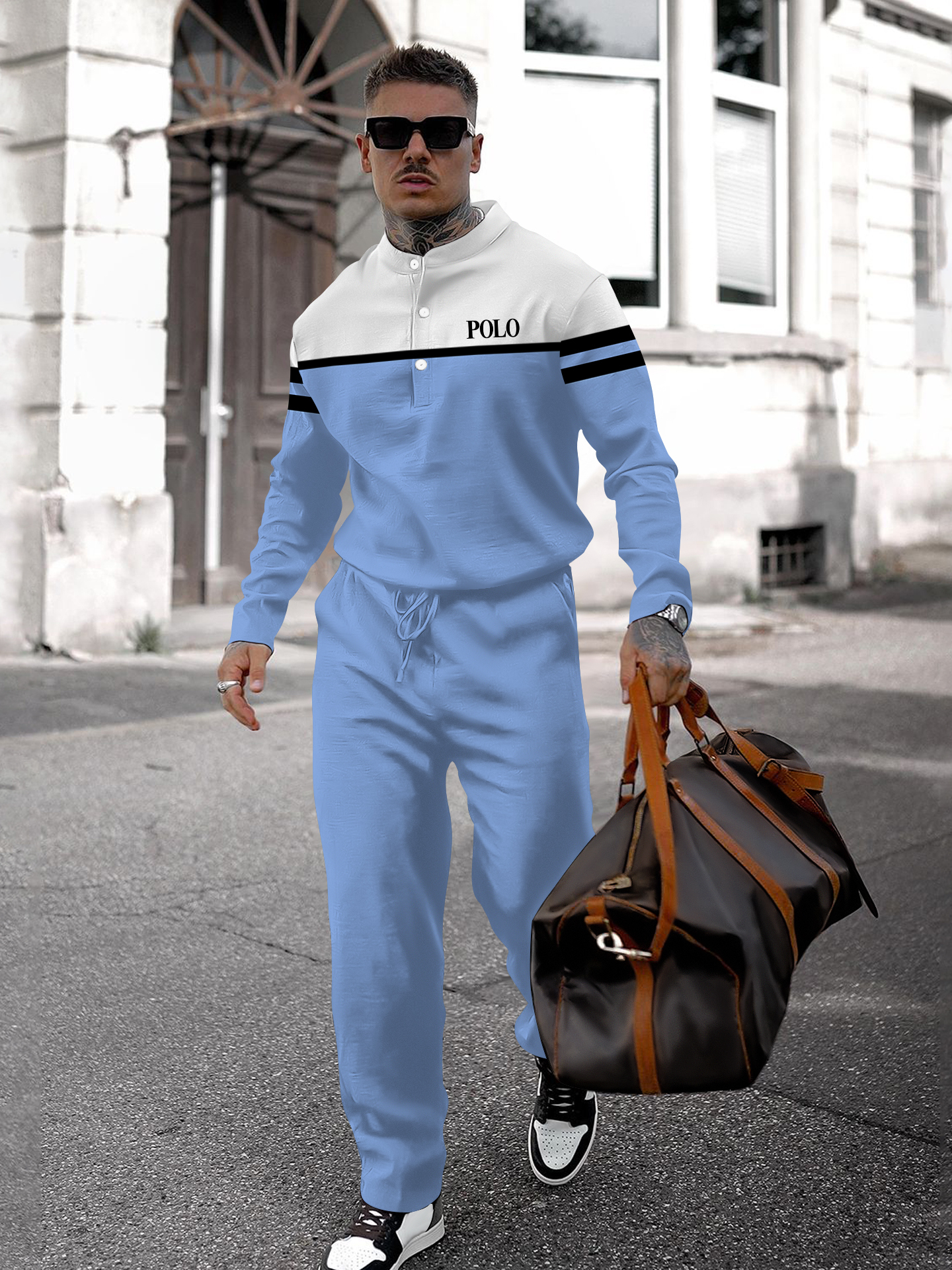 Men's fashion casual geometric print long sleeve two-piece set