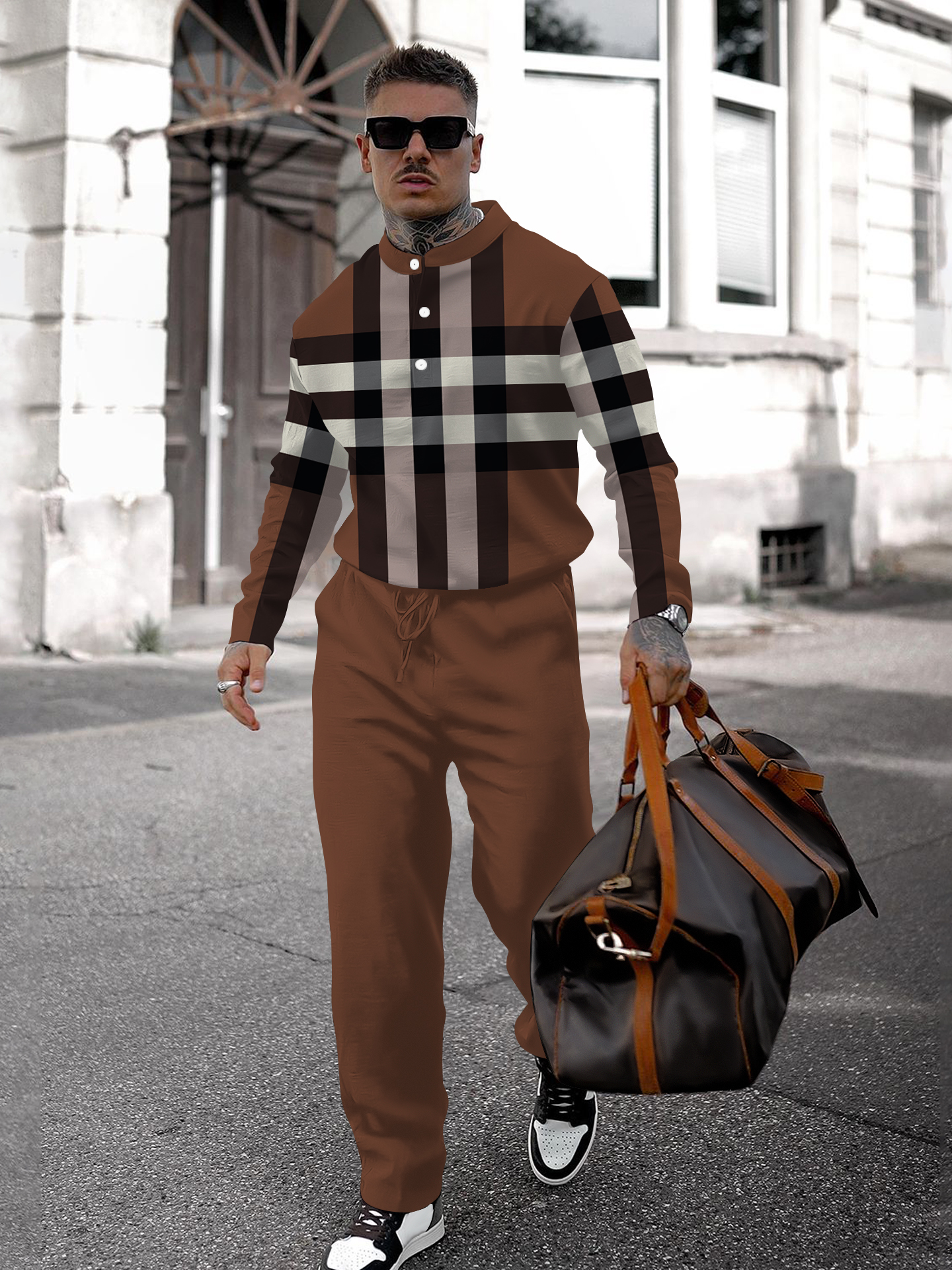 Men's fashion casual geometric print long sleeve two-piece set