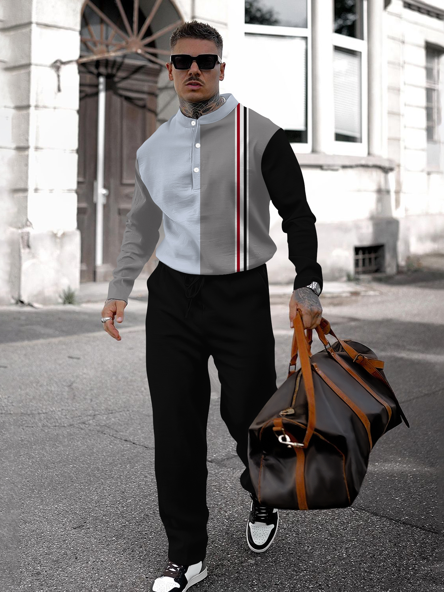 Men's fashion casual geometric print long sleeve two-piece set