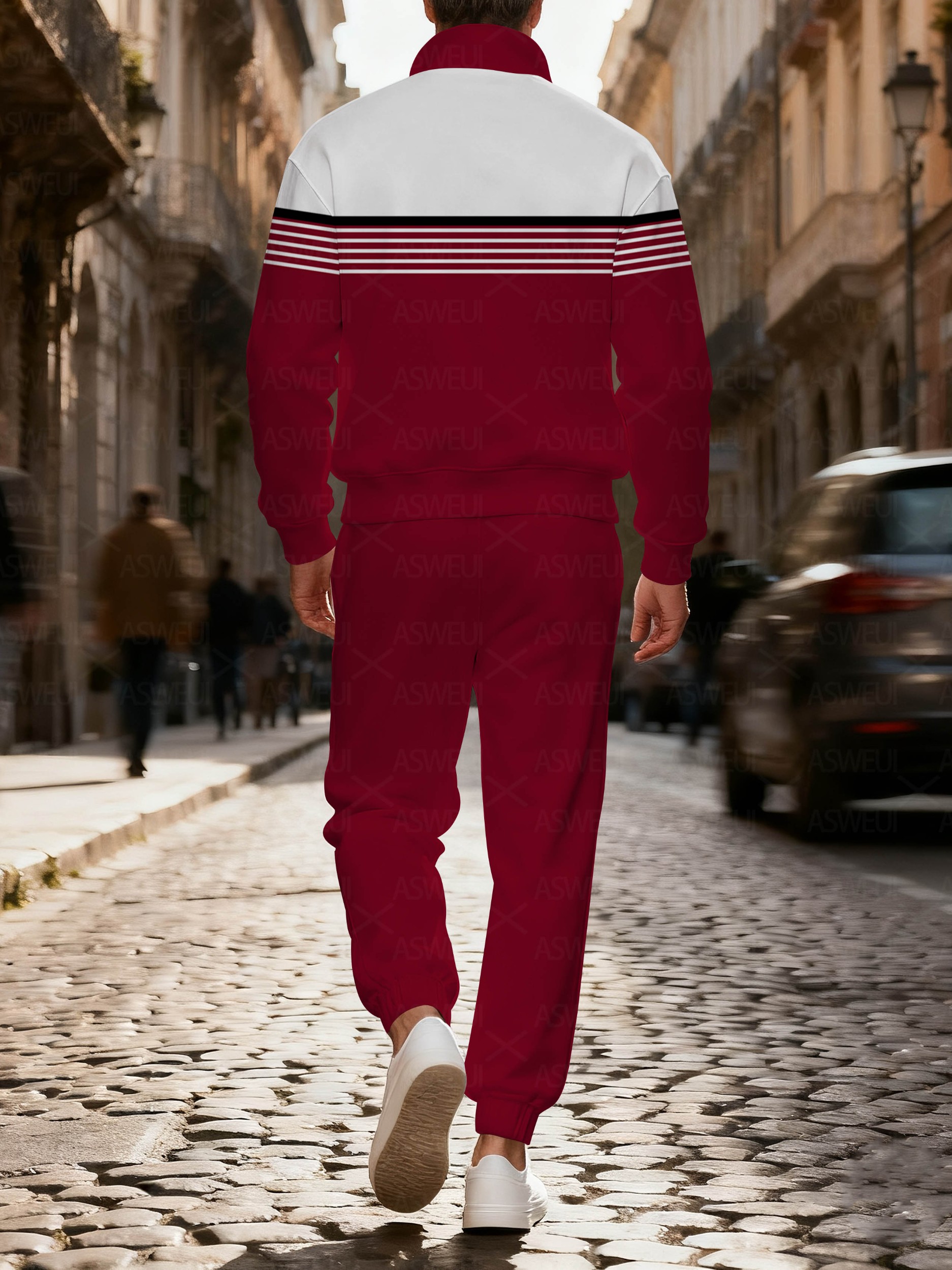 Men's fashionable casual red printed zipper long-sleeved two-piece set