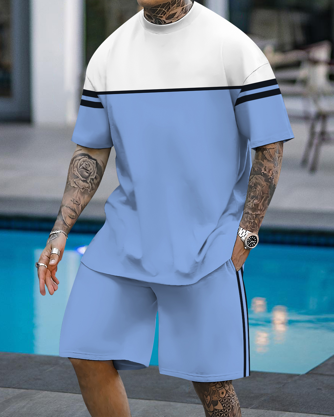 Men's fashion casual color matching printed short-sleeved two-piece se