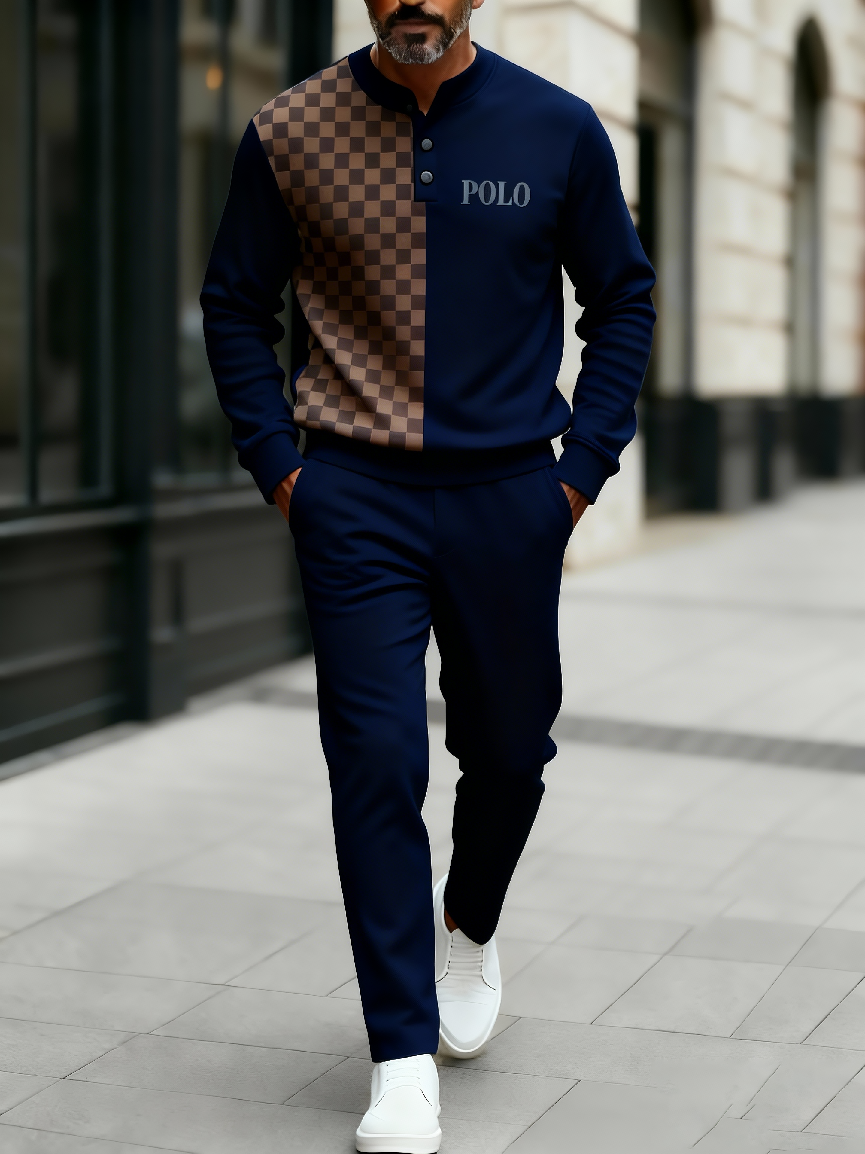 Men's Fashion Casual Geometric Print Long Sleeve Button Design Two-Piece Set