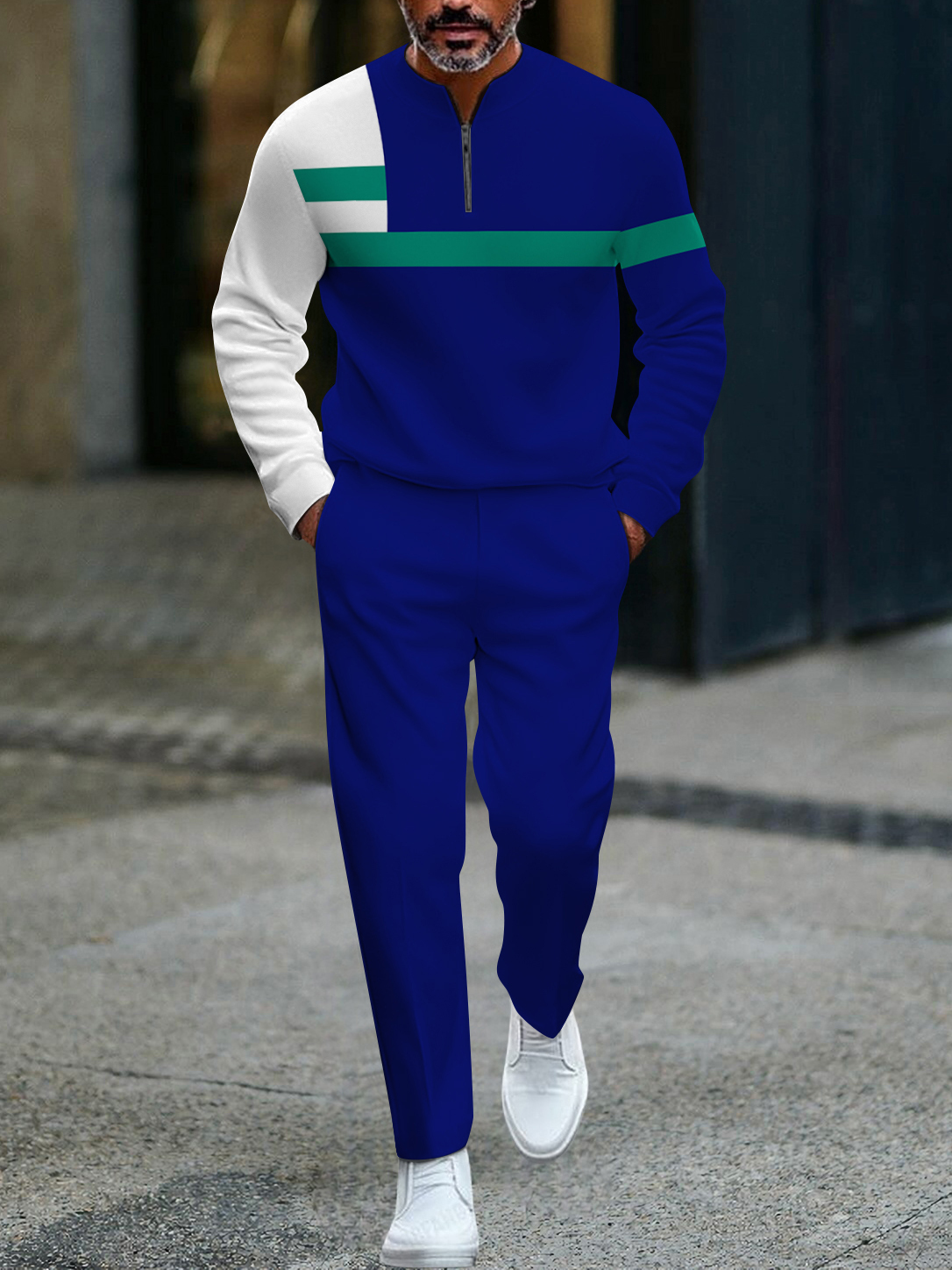 Men's fashion casual geometric print long sleeve zipper two-piece set