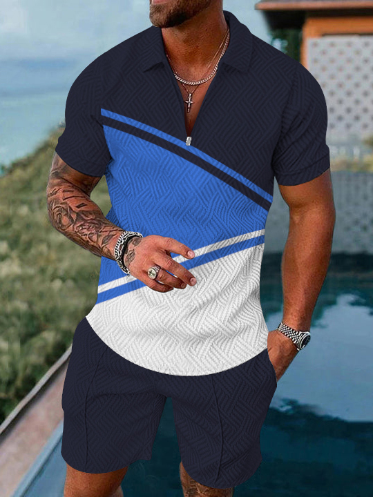 Men's fashion casual color matching geometric print short sleeved polo suit