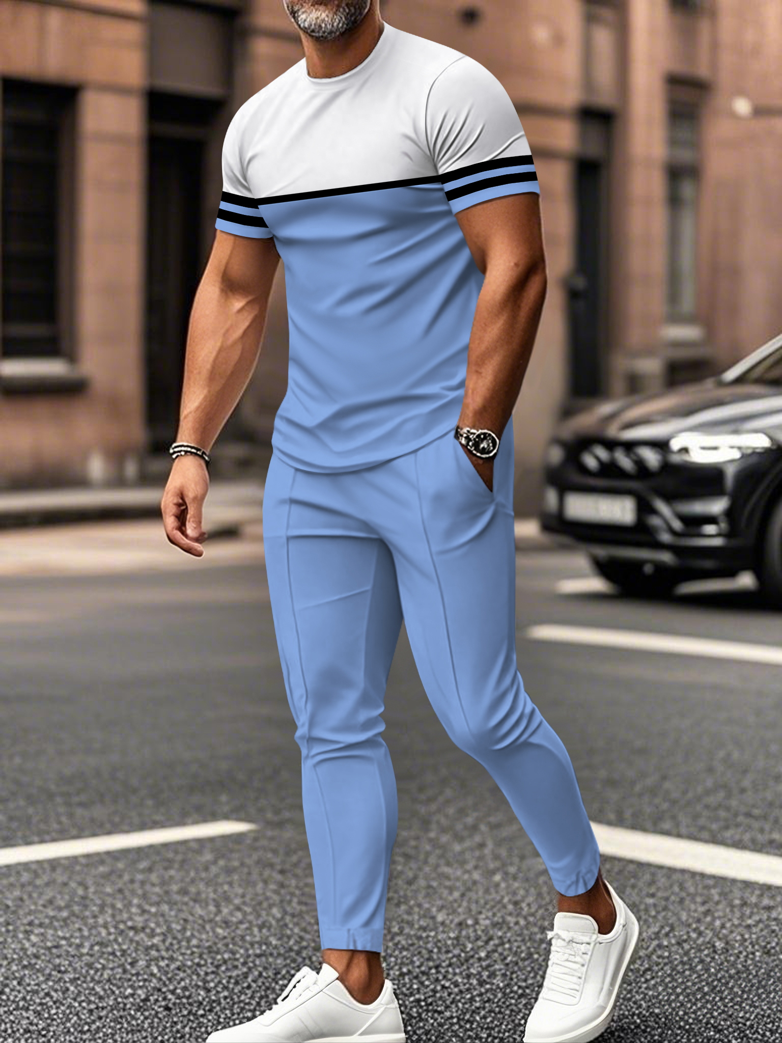 Men's fashion casual color matching striped printed short sleeved trousers two-piece set