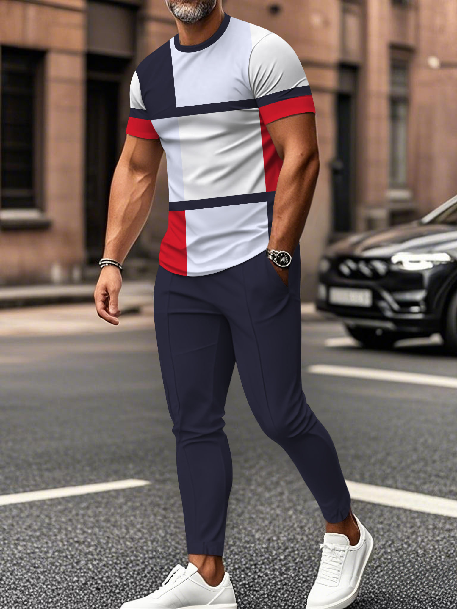 Men's fashion casual color matching striped printed short sleeved trousers two-piece set