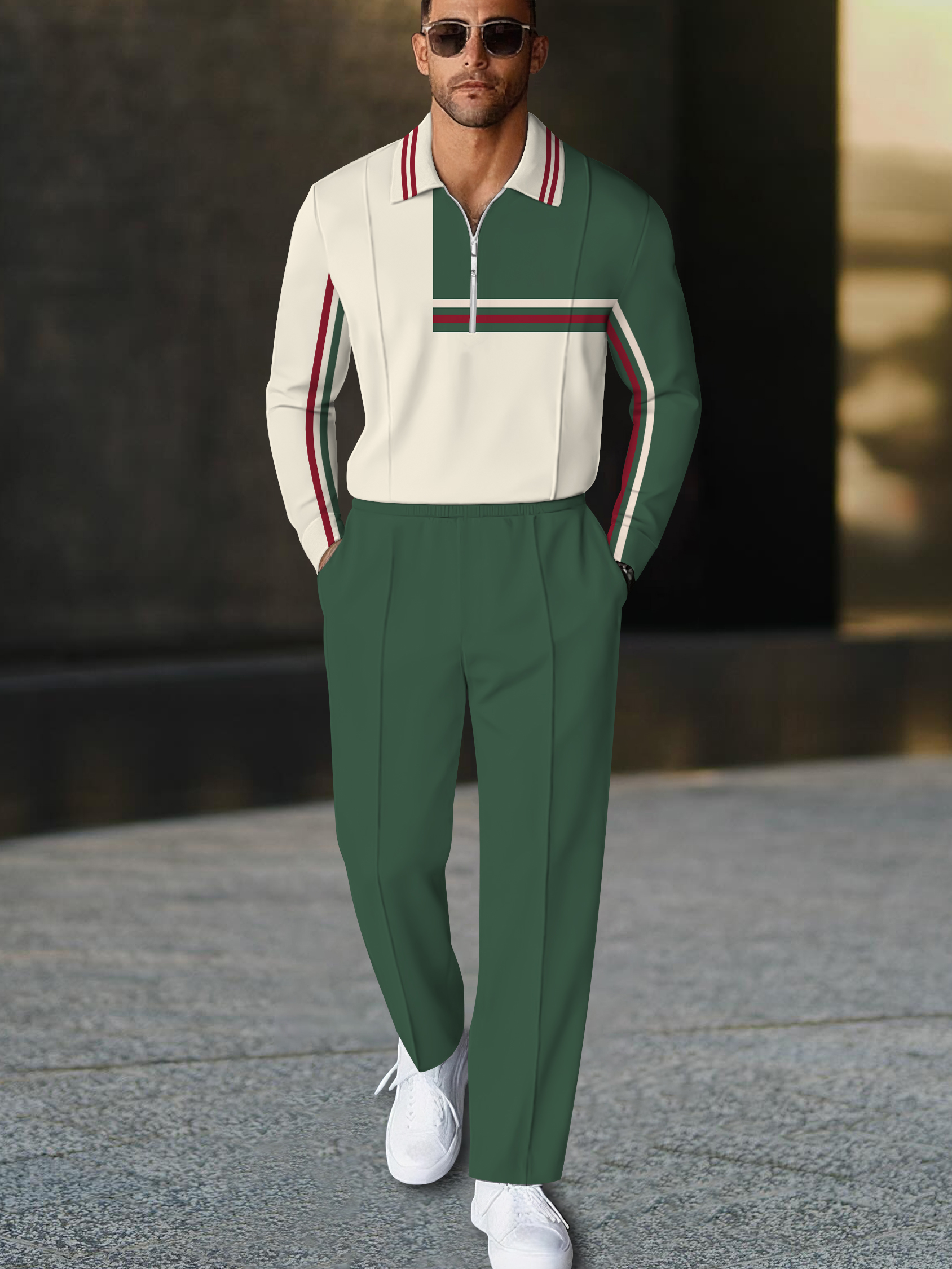 Men's fashion casual geometric print long sleeve zipper polo two-piece set