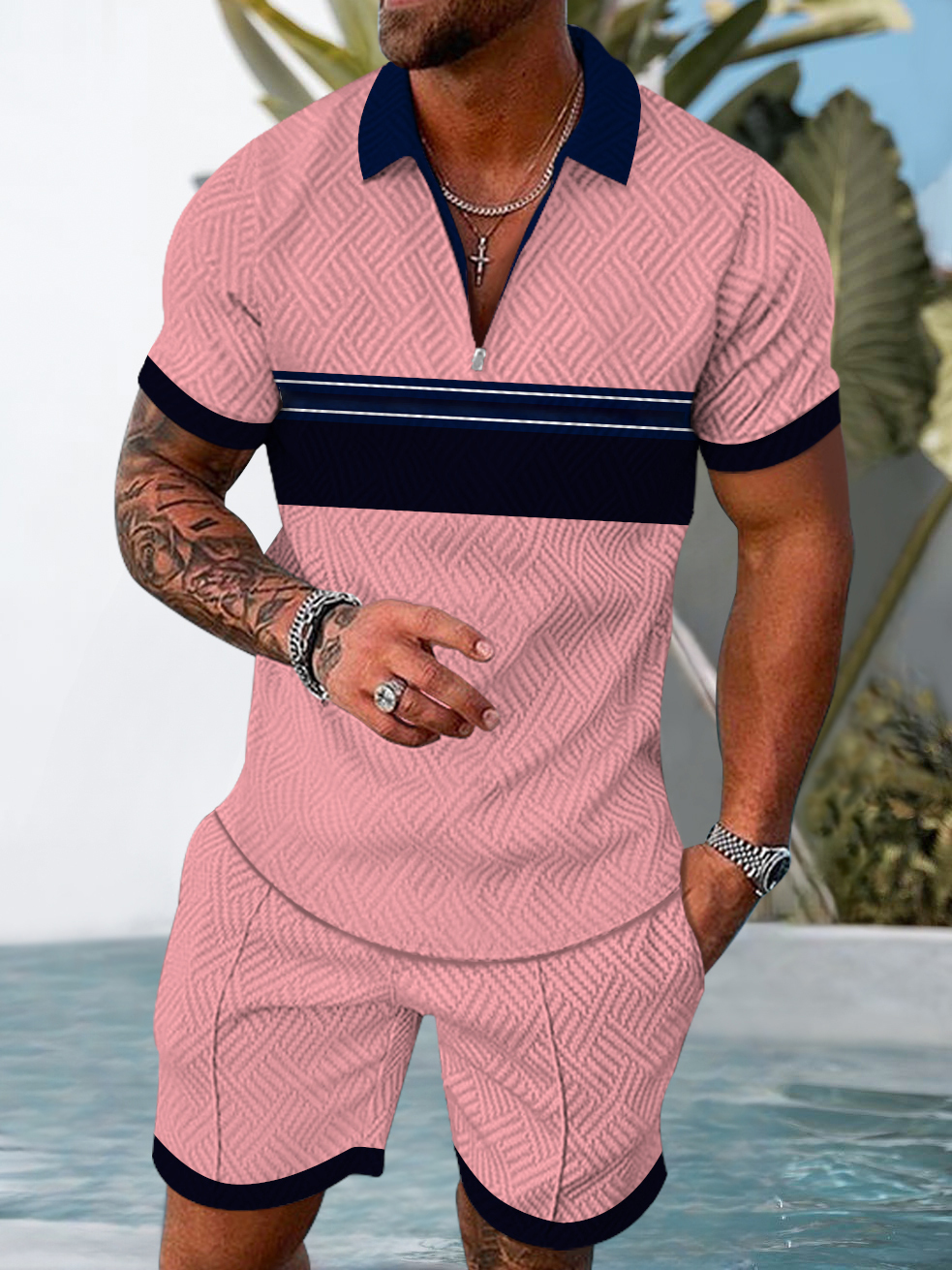 Men's fashion casual geometric print short sleeve polo two-piece set