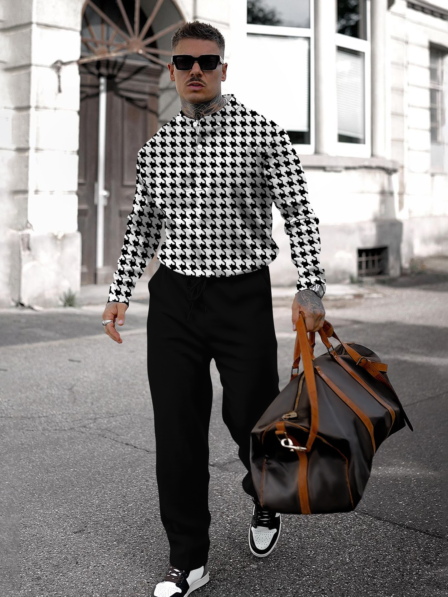 Men's fashion casual geometric print long sleeve two-piece set