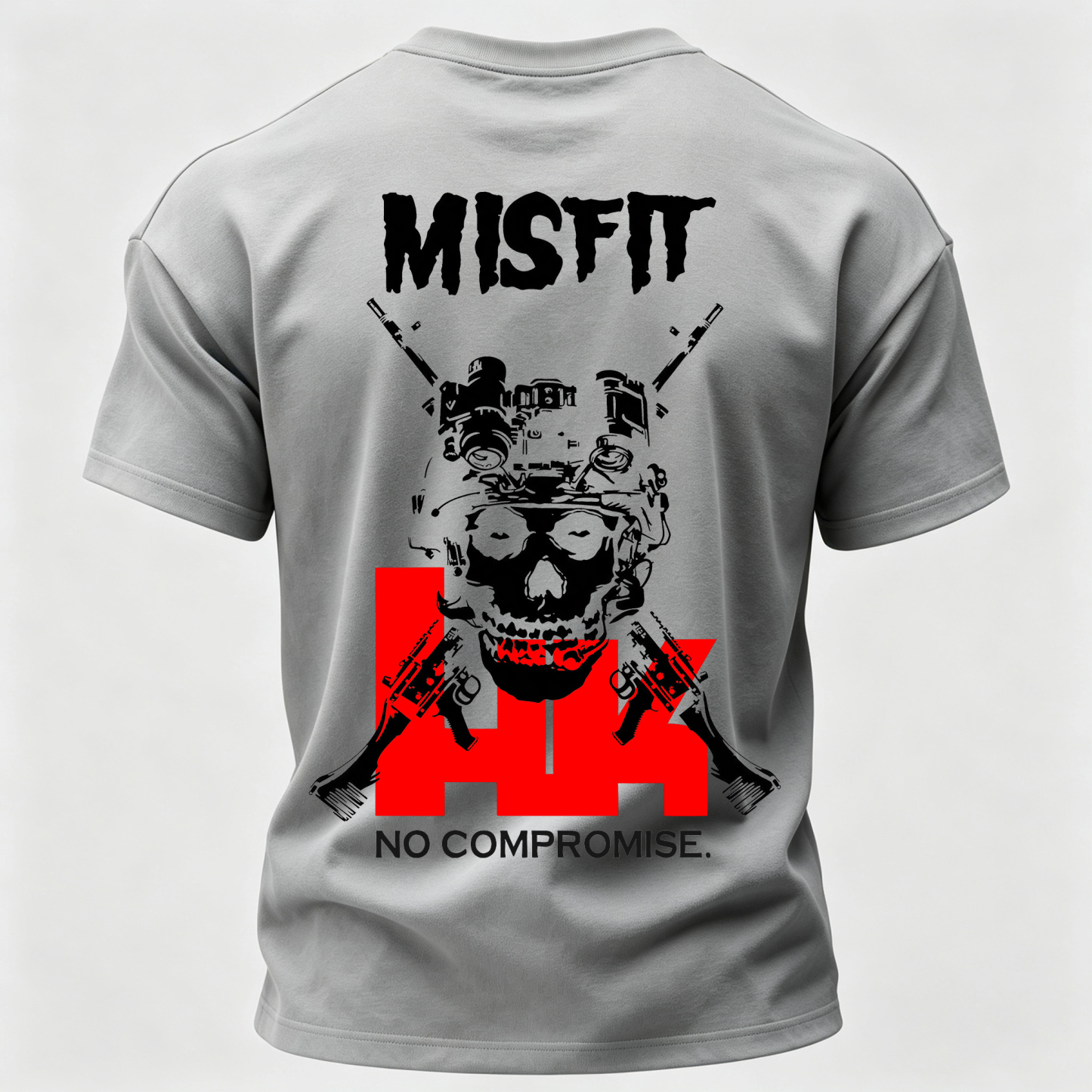 Men’s MISFIT No Compromise Tactical Skull Helmet NVG Rifle Graphic Tee Back Print T Shirt