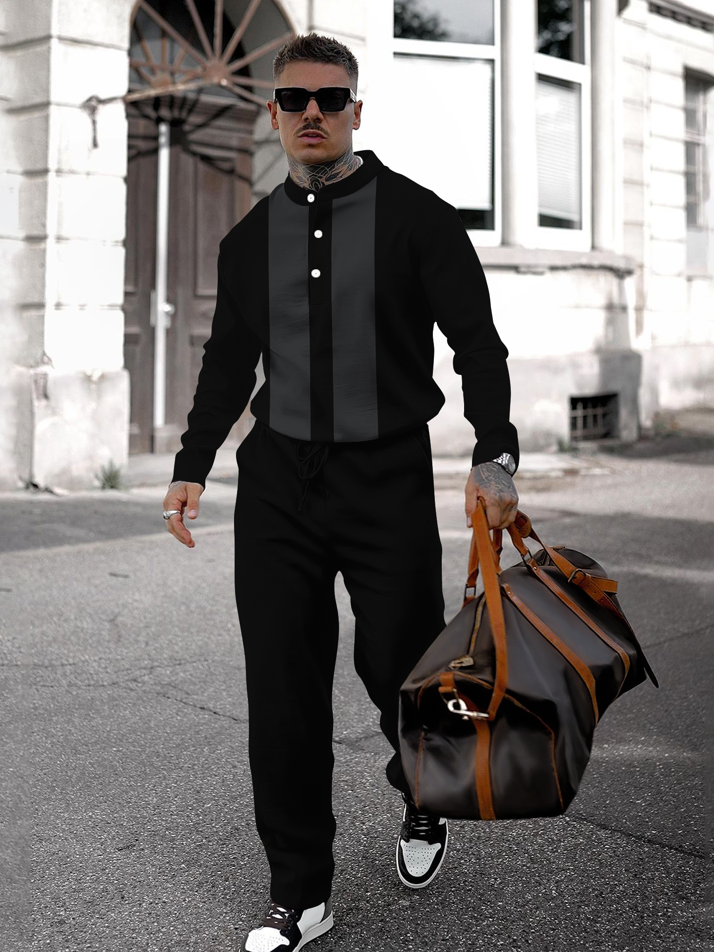 Men's fashion casual geometric print long sleeve two-piece set