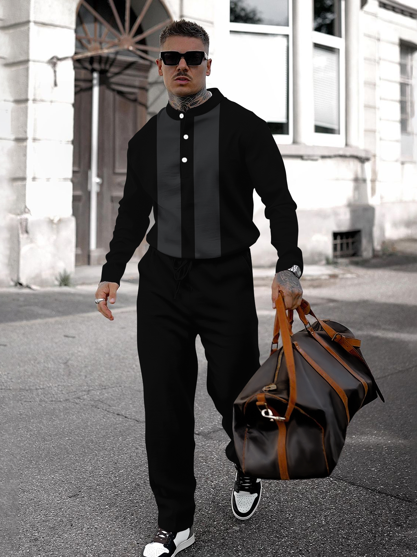 Men's fashion casual geometric print long sleeve two-piece set