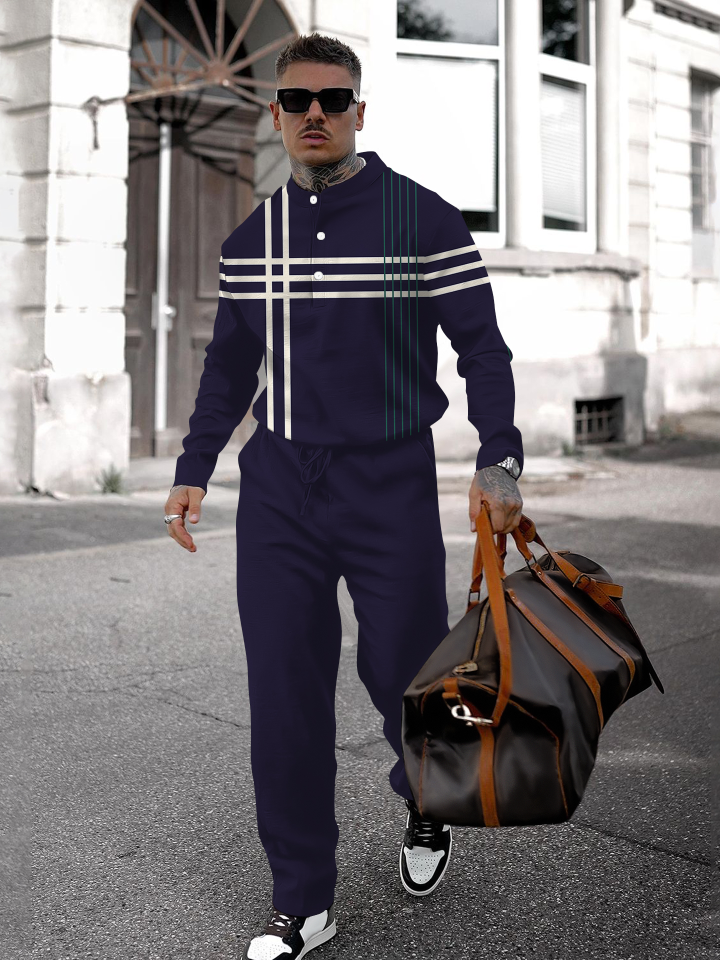 Men's fashion casual geometric print long sleeve two-piece set