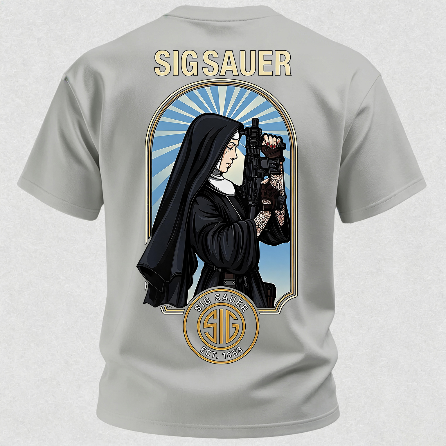Precision Tactical Arch Window Nun with Rifle Since 1853 Vintage Illustration Cotton Print Men's T-Shirt