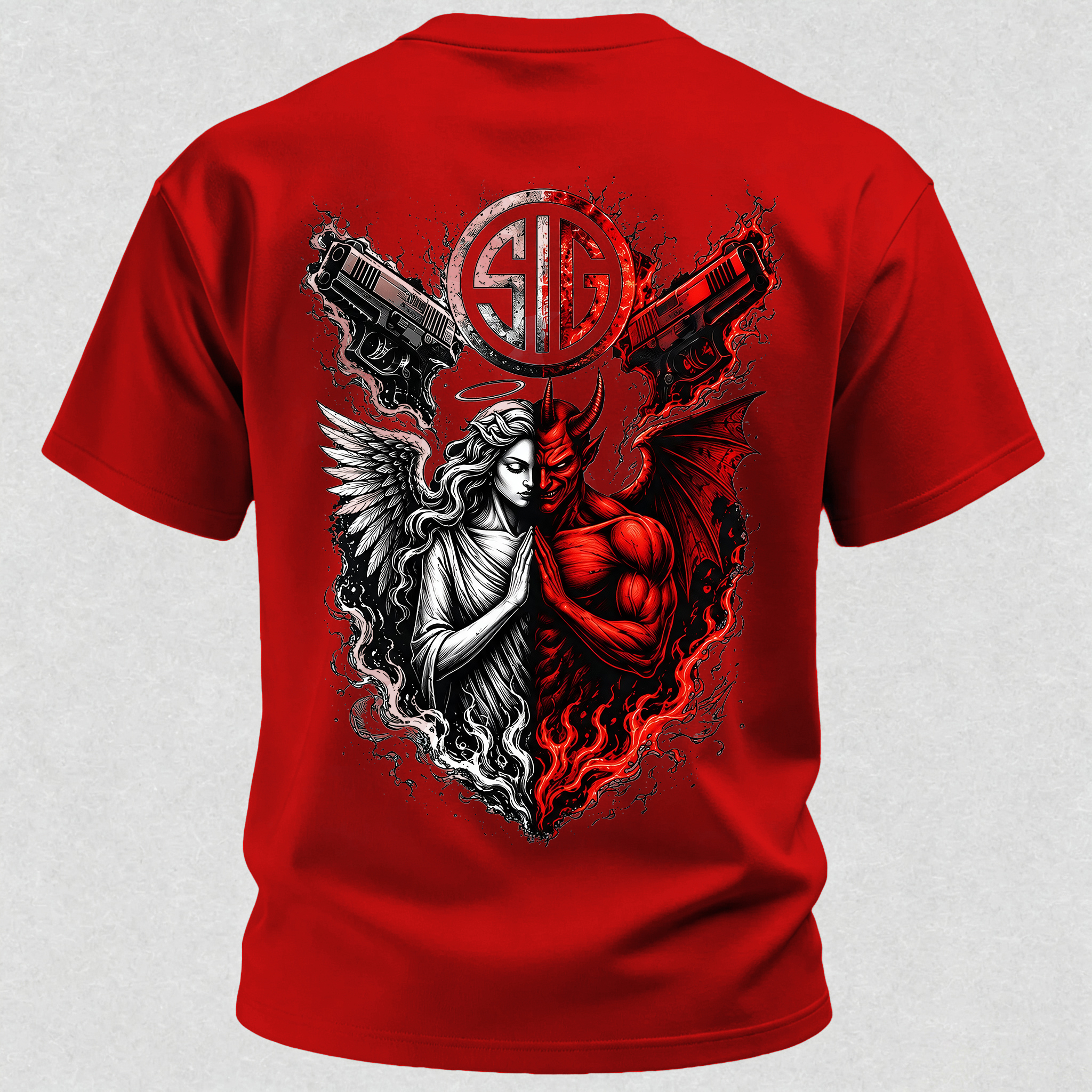 Angel and Demon Dual Pistols Men's Cotton Graphic T-Shirt Tactical Heaven and Hell Combat