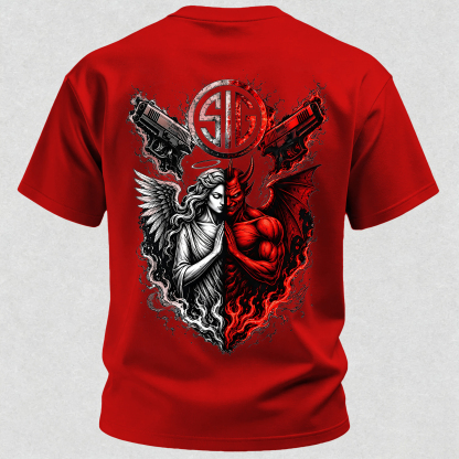Angel and Demon Dual Pistols Men's Cotton Graphic T-Shirt Tactical Heaven and Hell Combat