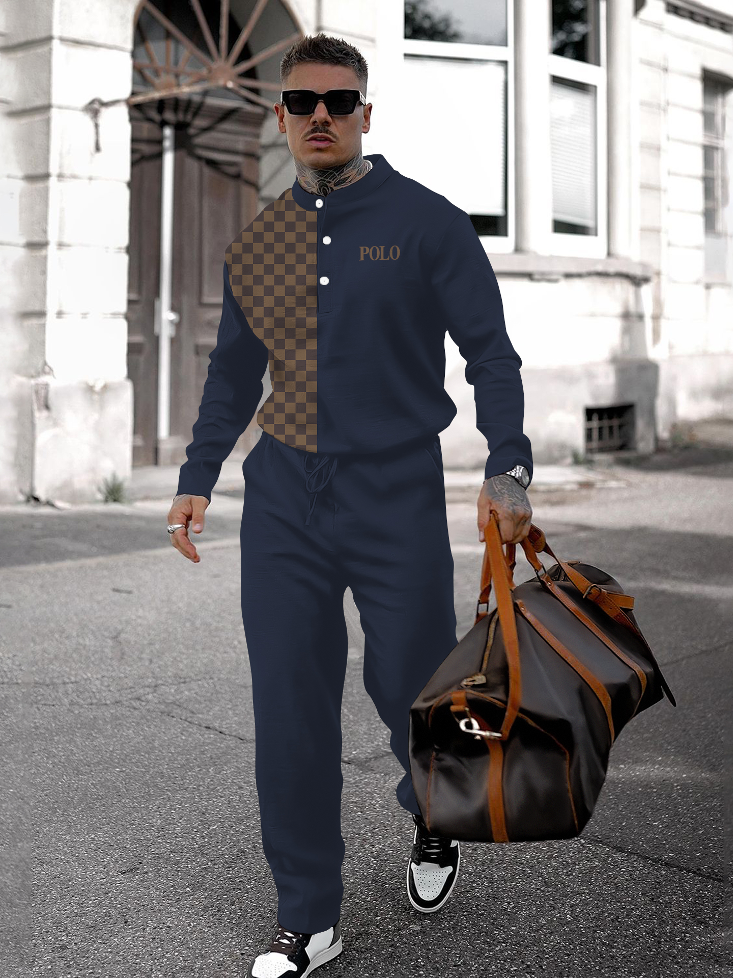 Men's fashion casual geometric print long sleeve two-piece set