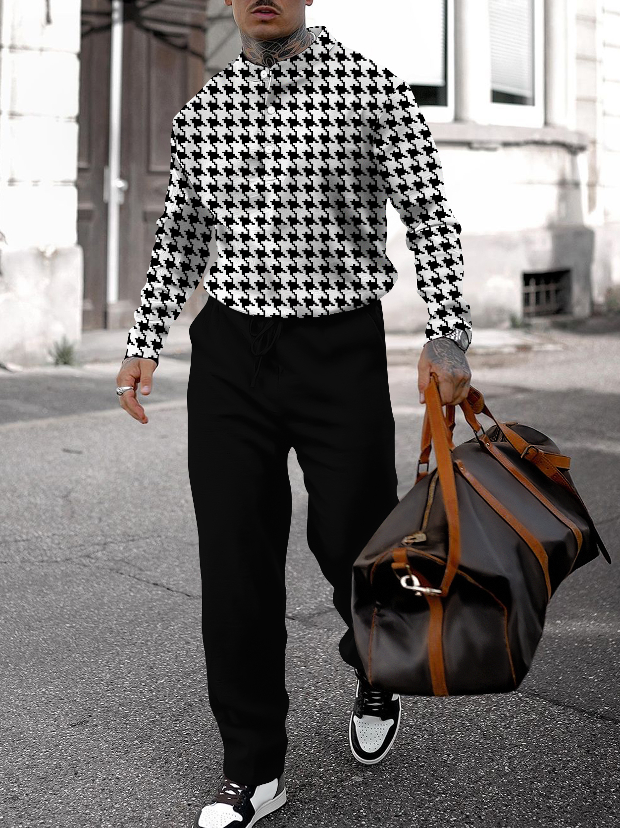 Men's fashion casual geometric print long sleeve two-piece set