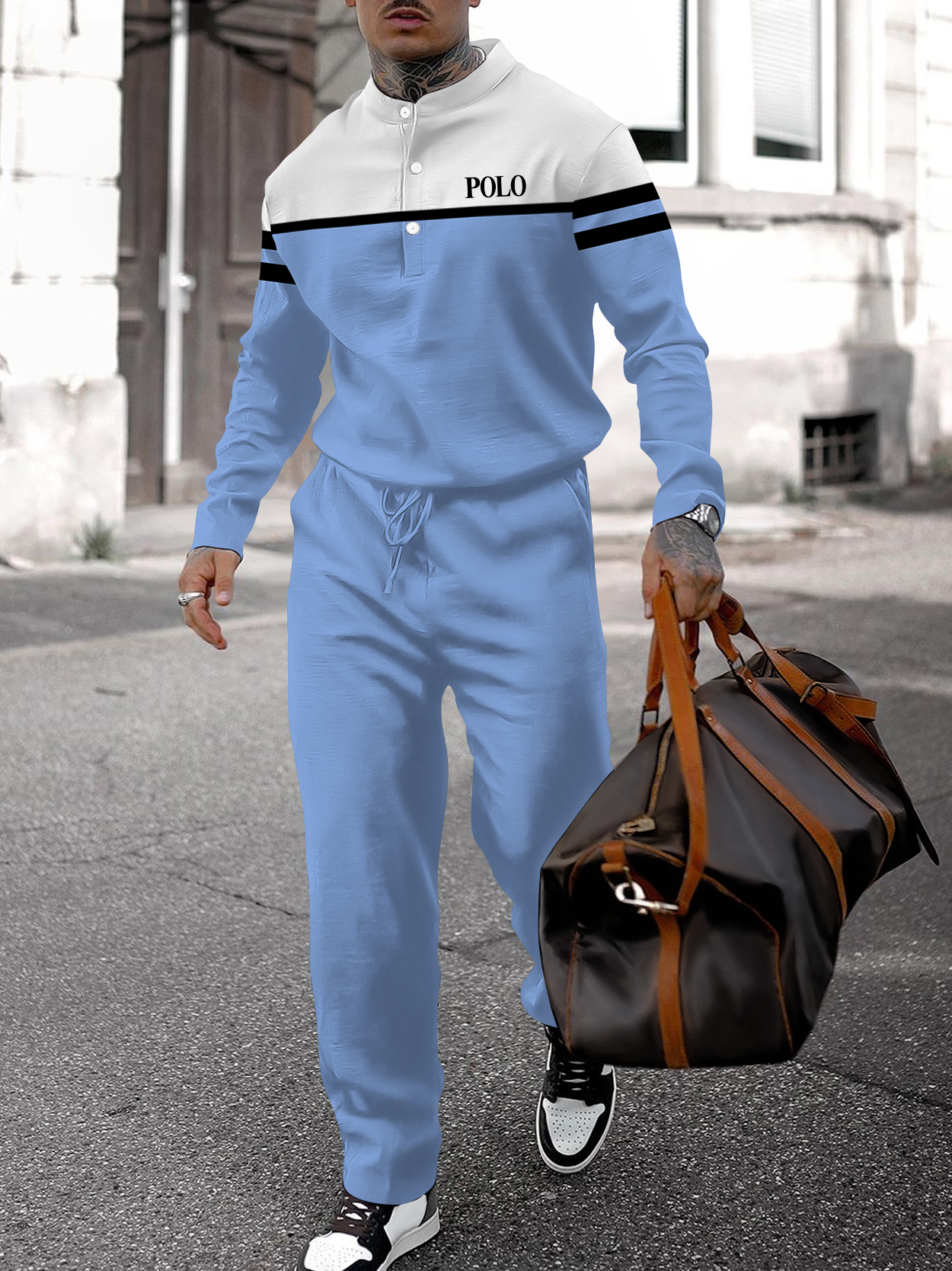 Men's fashion casual geometric print long sleeve two-piece set