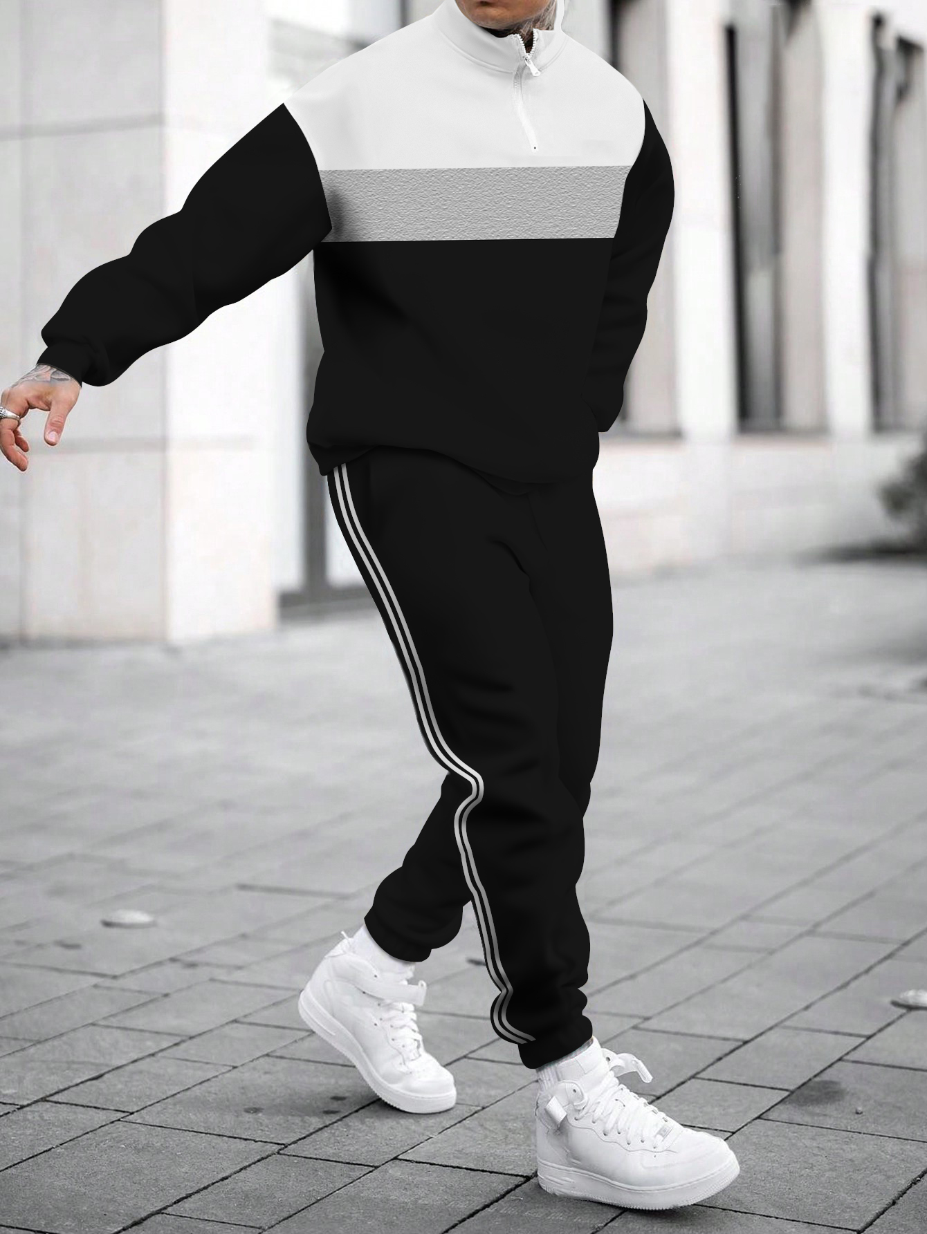 Men's fashion casual color match print long sleeve two piece set