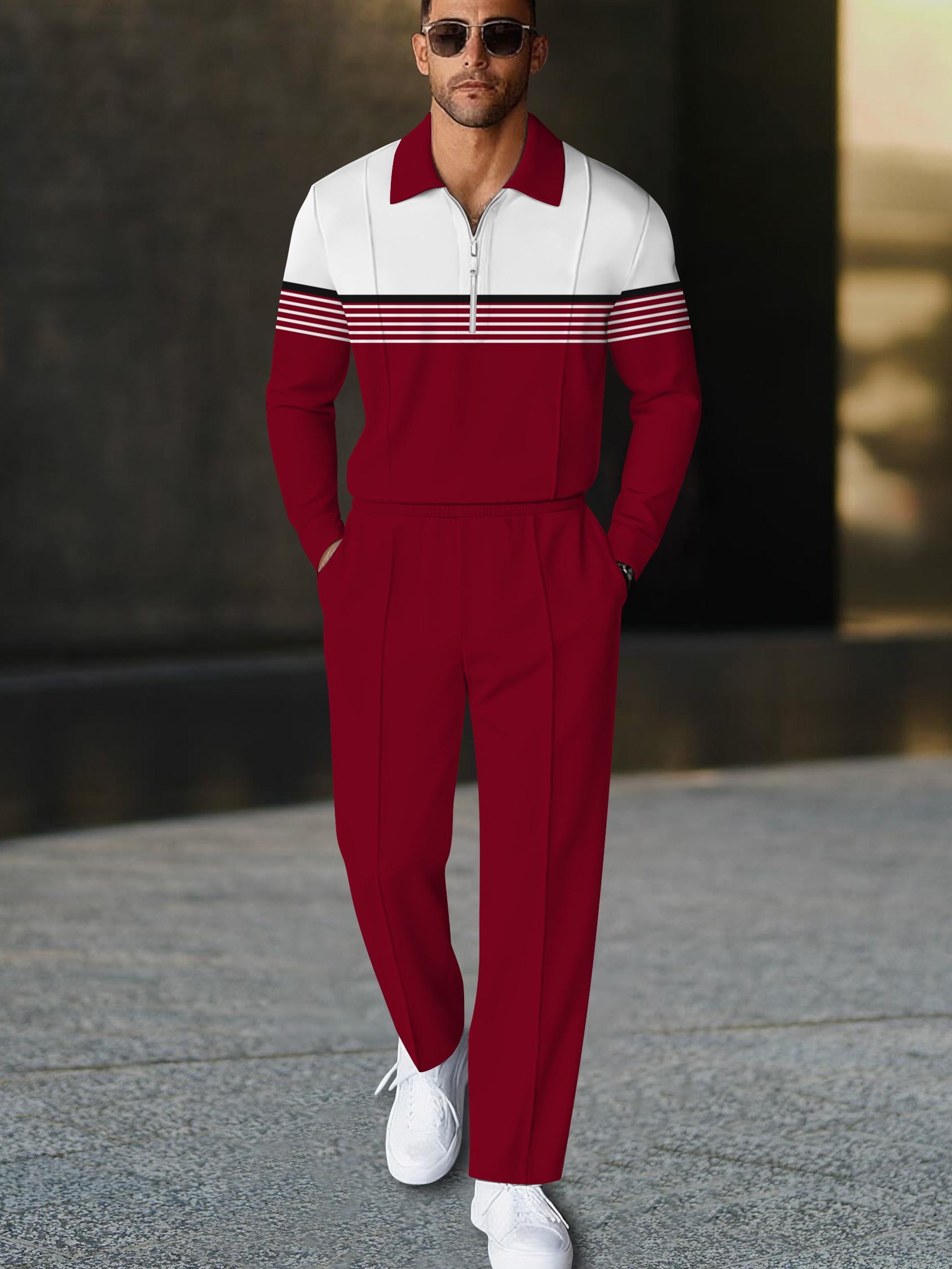 Men's fashion casual geometric print long sleeve zipper polo two-piece set