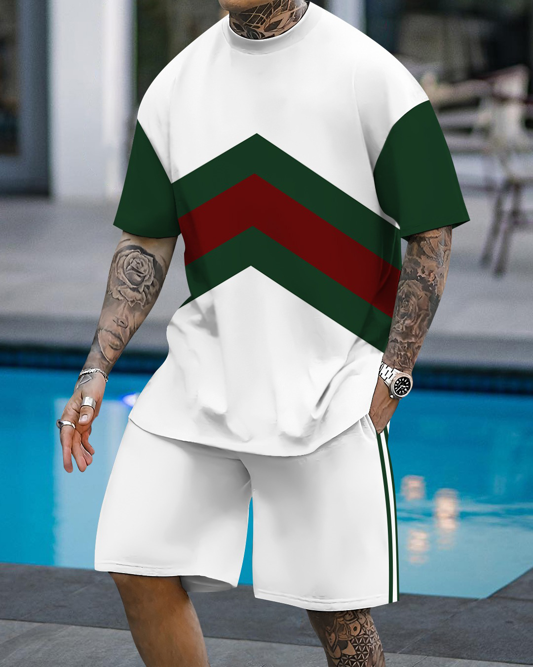 Men's fashion casual geometric print short sleeve two-piece set