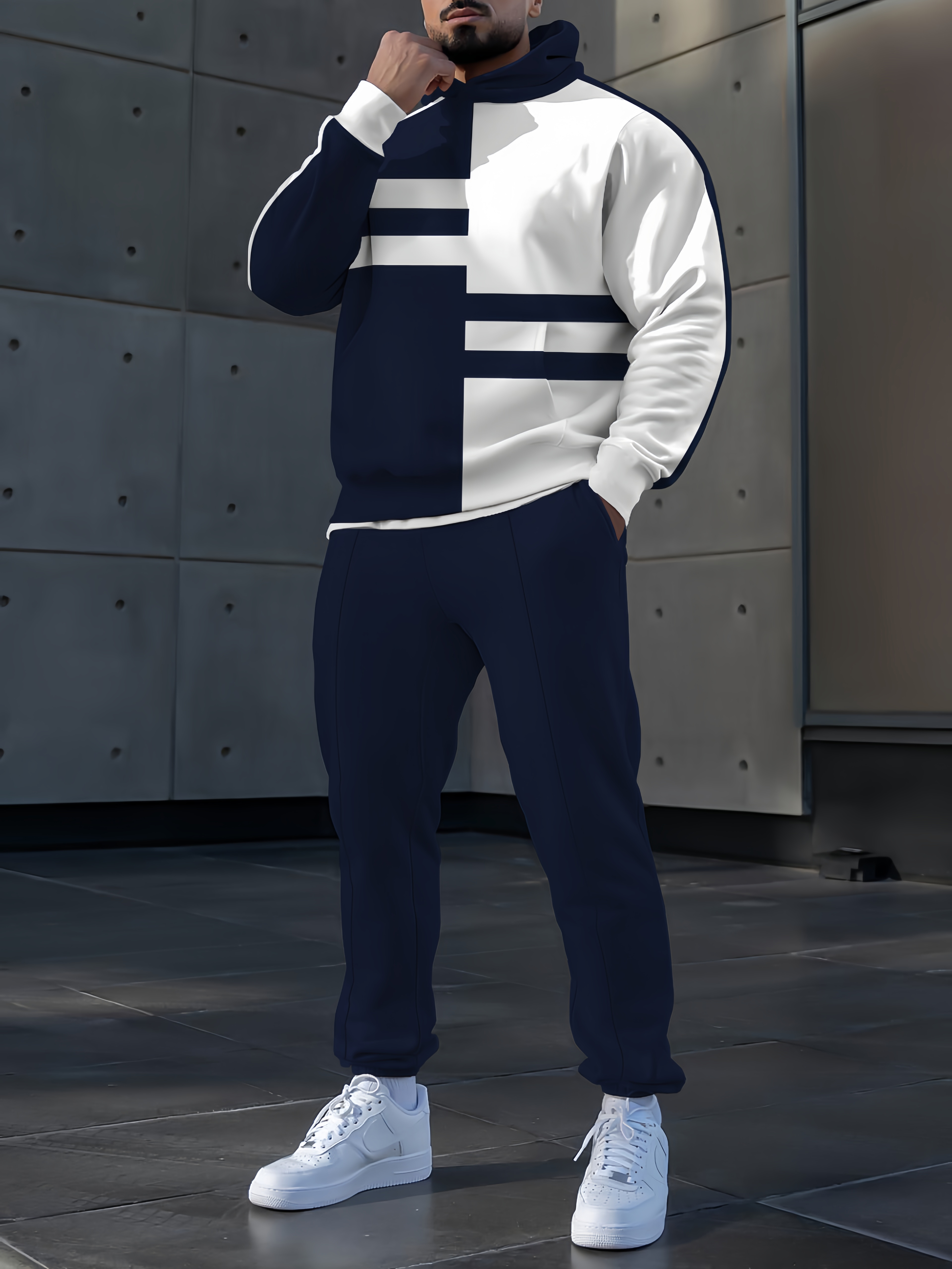 Men's fashion casual color matching striped print long sleeve two piece set