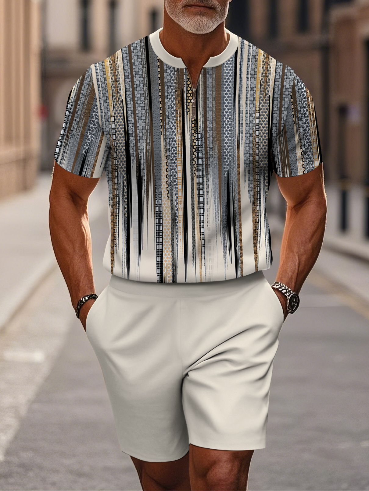 Men's fashion casual round-neck zipper geometric printed short-sleeved two-piece set