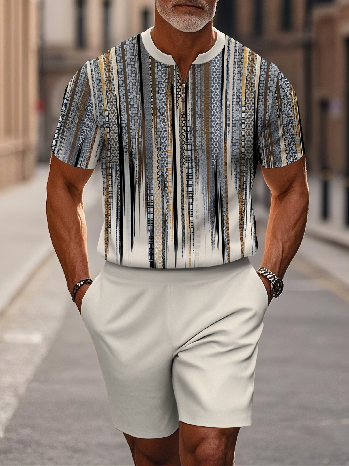 Men's fashion casual round-neck zipper geometric printed short-sleeved two-piece set