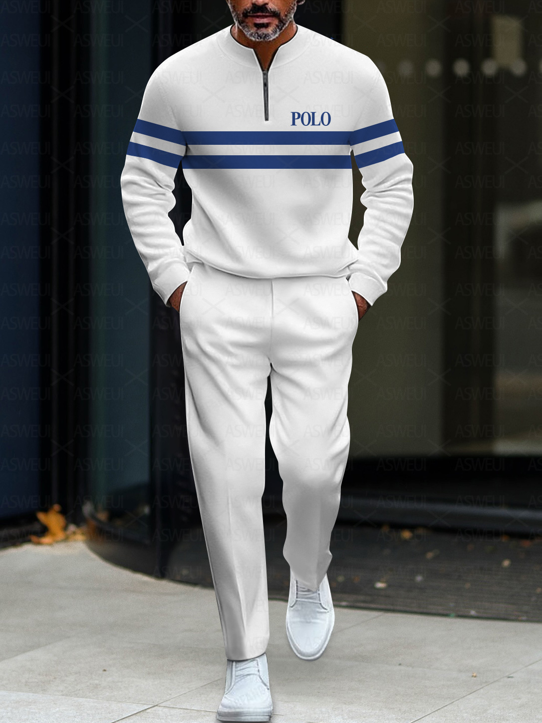 Men's fashion casual geometric print long sleeve zipper two-piece set