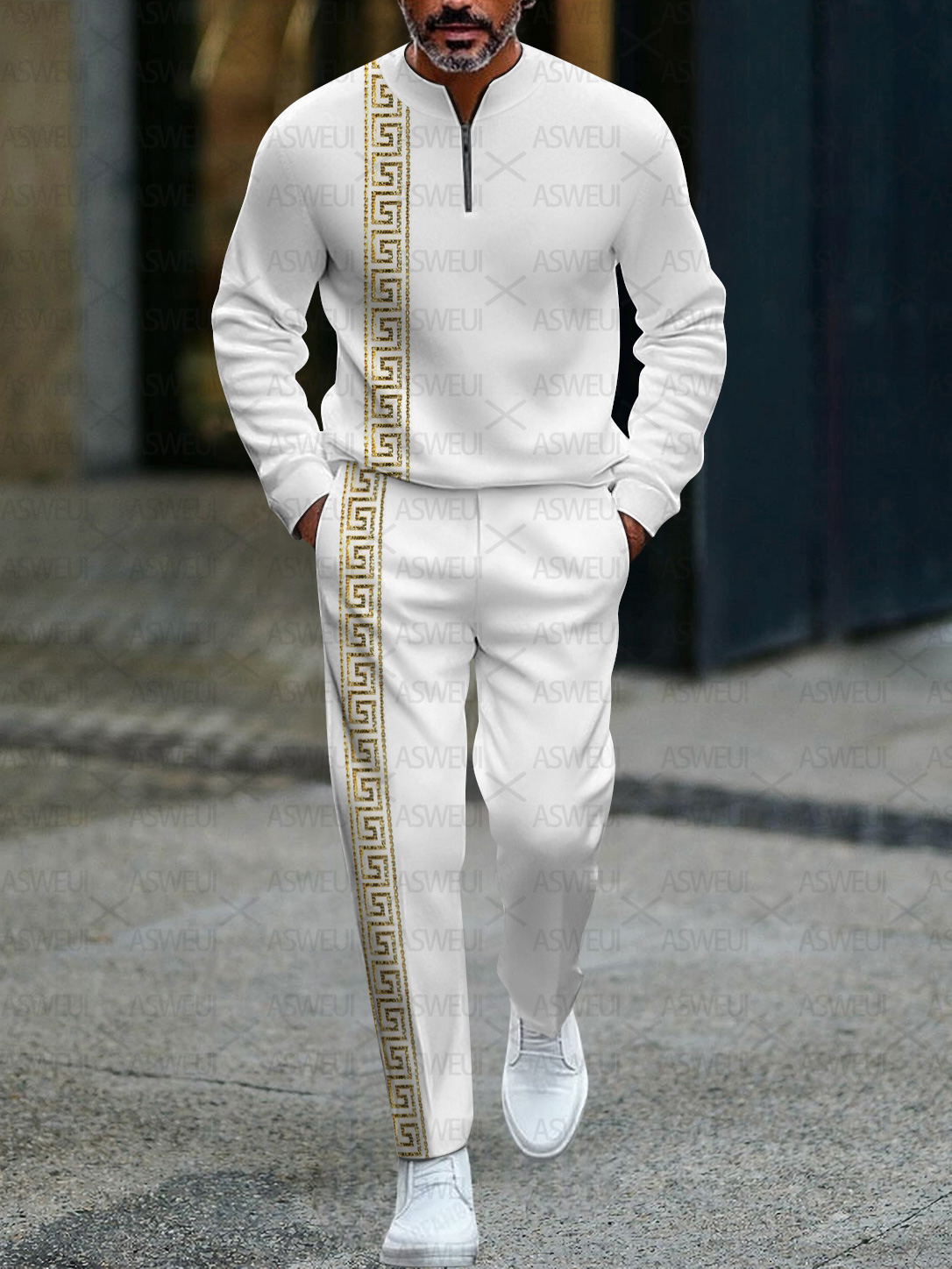 Men's fashionable casual business color-block round-neck zipper long-sleeve two-piece set