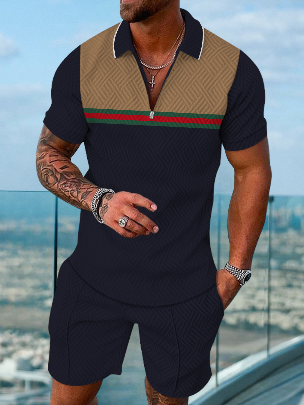 Men's fashion casual geometric print short sleeve polo two-piece set