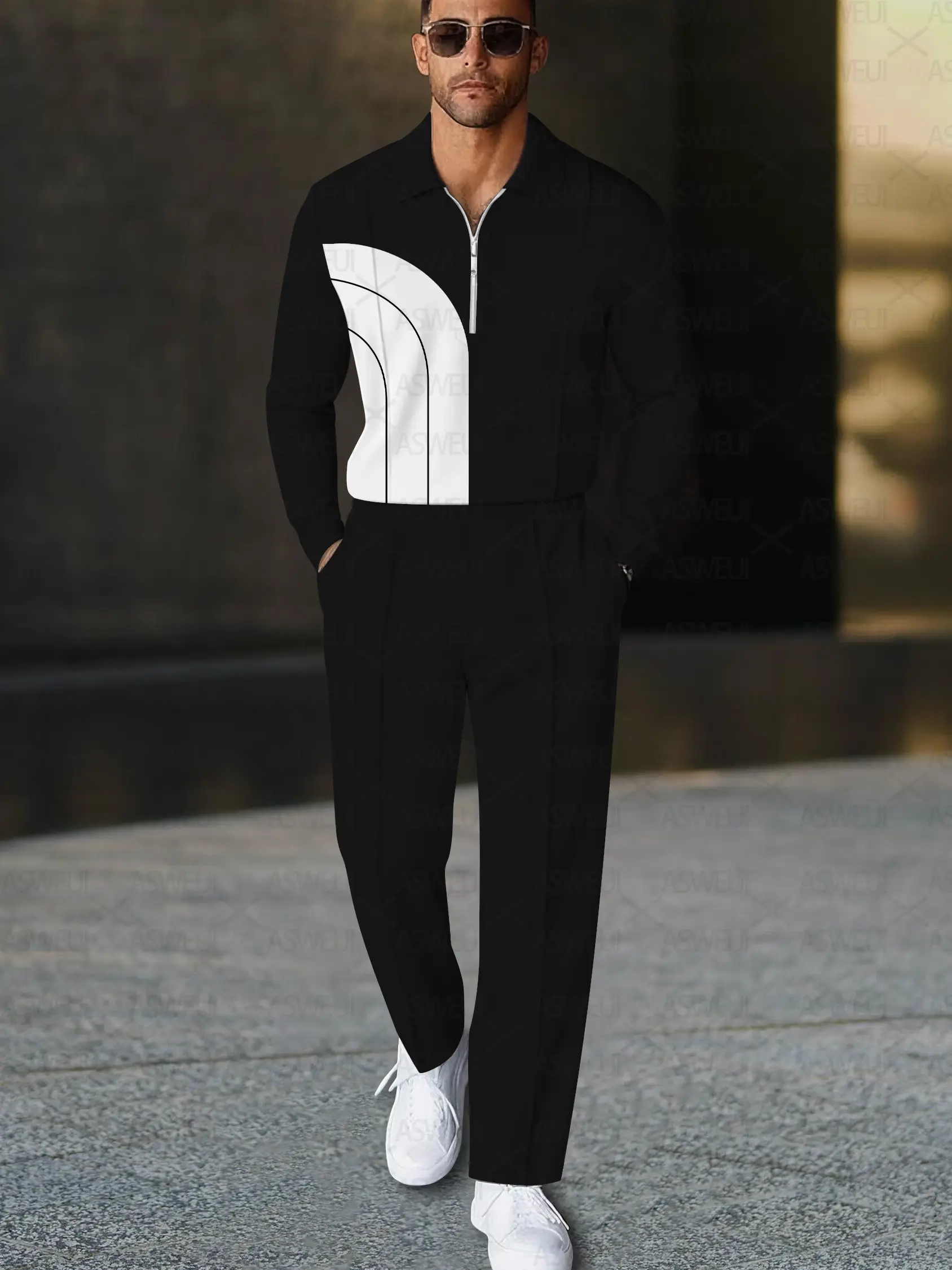 Men's fashion casual geometric print long sleeve zipper polo two-piece